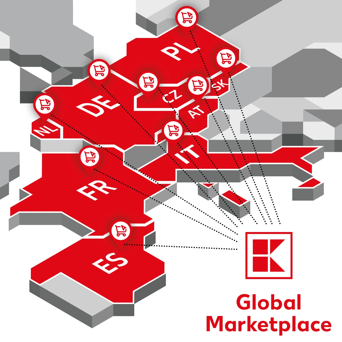Kaufland Global Marketplace map showing the nine Kaufland countries: DE, AT, NL, CZ, SK, PL, FR, IT and ES.