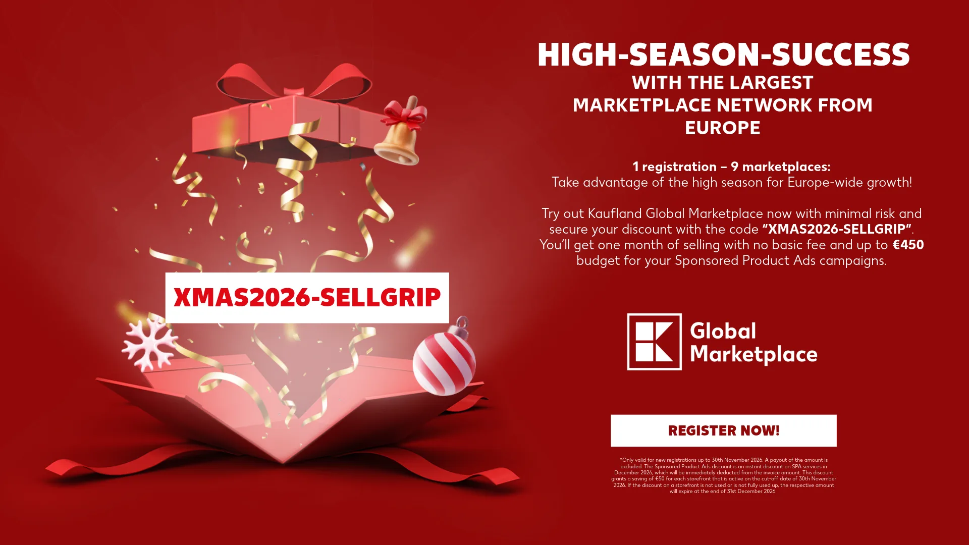 Visuel de campagne de Kaufland Global Marketplace : « High-Season-Success with the largest marketplace network from Europe. XMAS2026-SELLGRIP ».