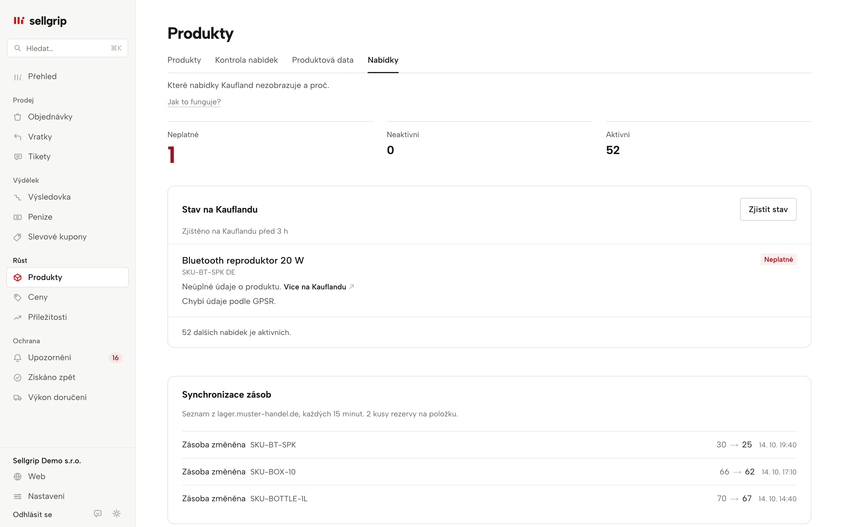 Nabídky v Sellgripu: stav každé nabídky na Kauflandu a synchronizace zásob.