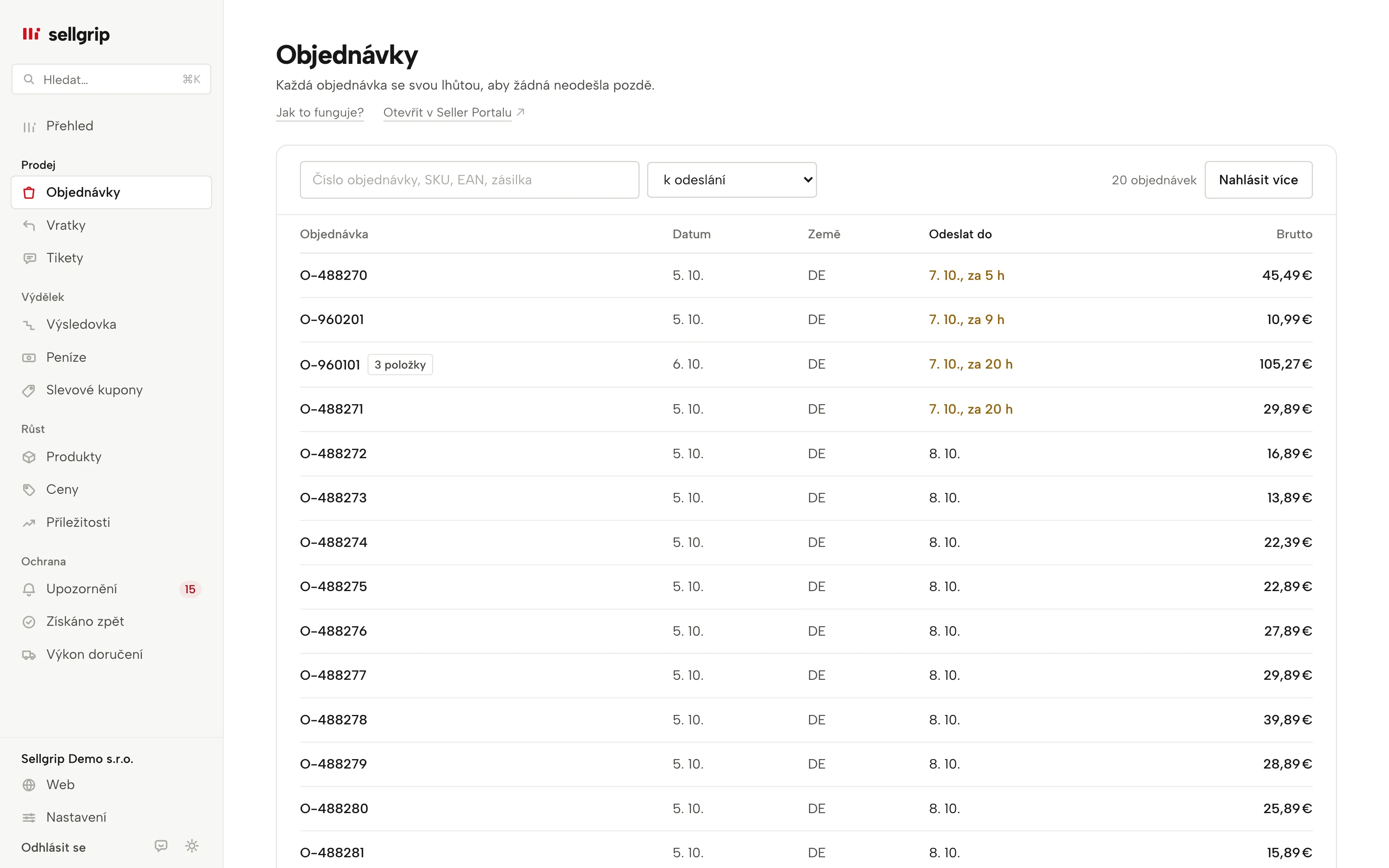 Objednávky v Sellgripu: vyhledávání, filtr stavu a sloupec „Odeslat do“.