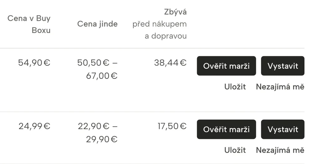 Výřez obrazovky Sellgripu: Příležitosti