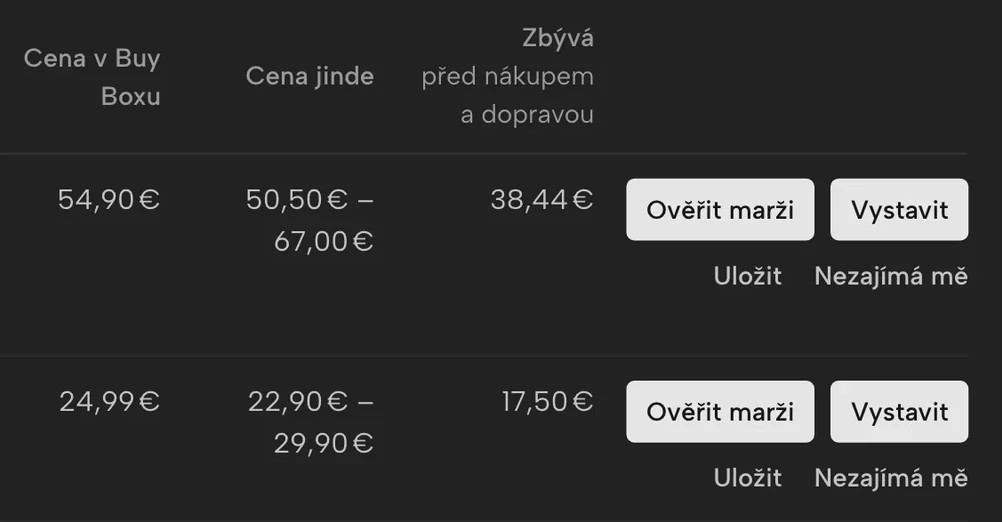 Výřez obrazovky Sellgripu: Příležitosti