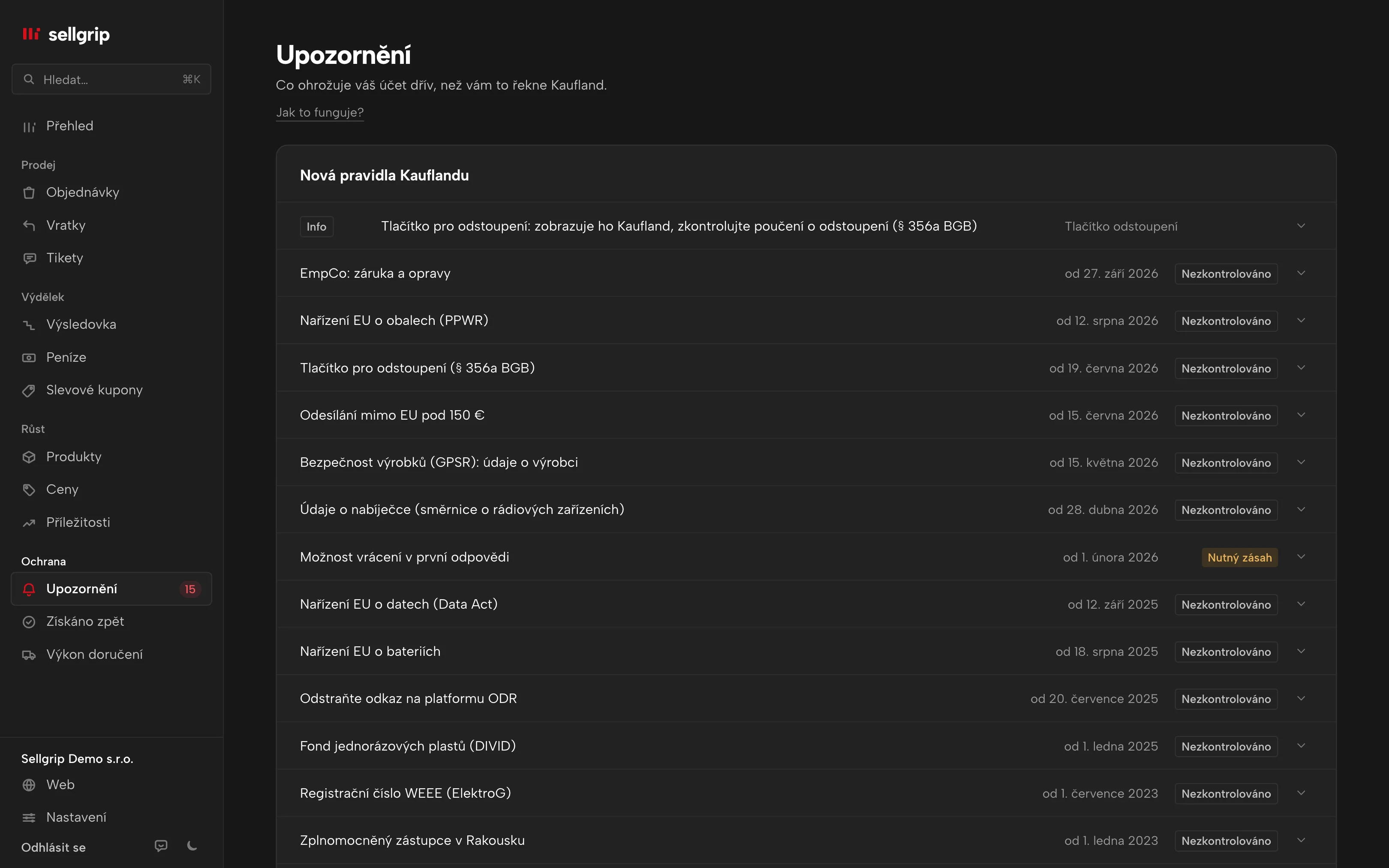 Upozornění v Sellgripu, nahoře blok Zdraví účtu s případem Riziko účtu.