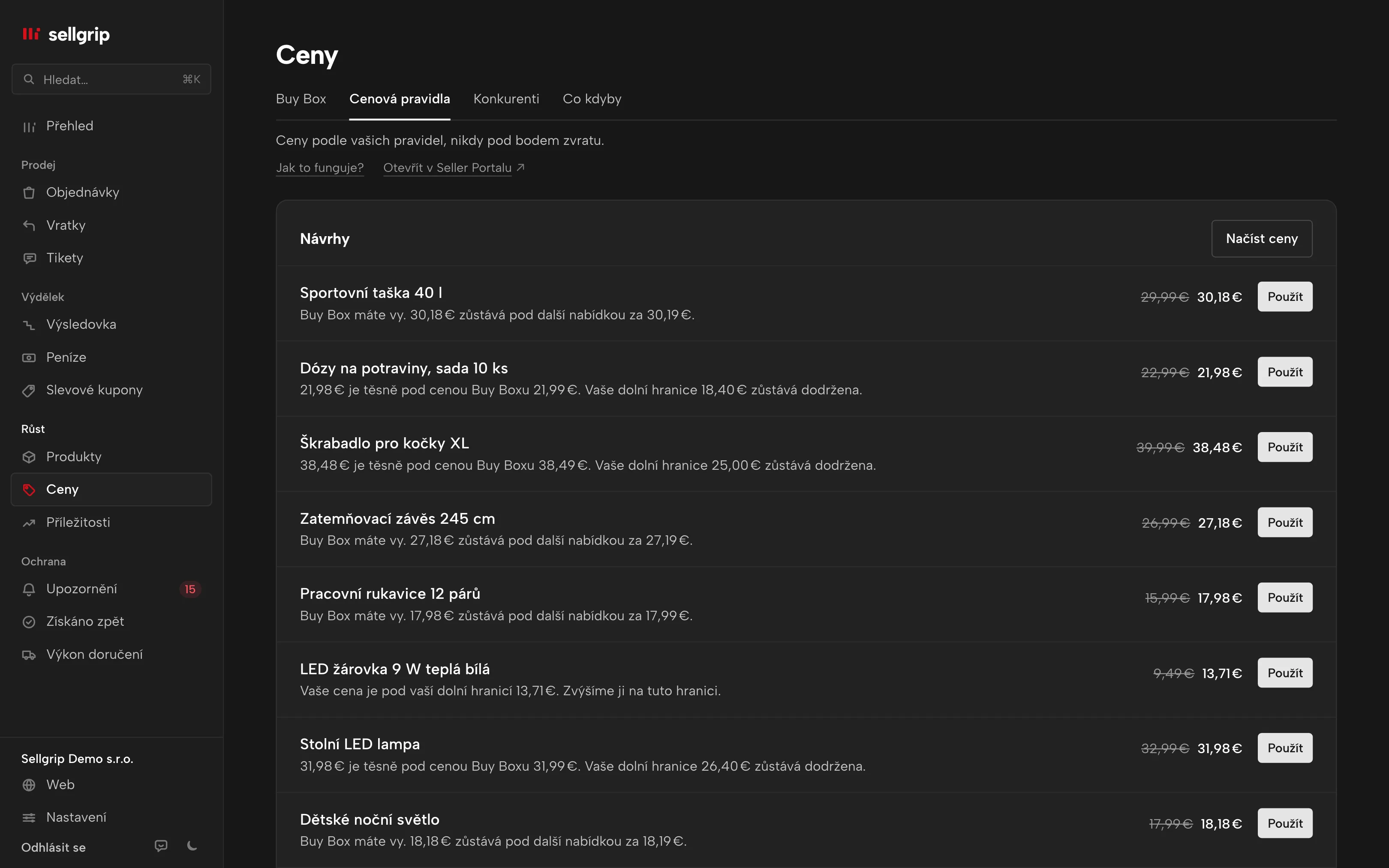 Cenová pravidla v Sellgripu s návrhy pro každý produkt, dolní hranicí a nouzovým zastavením.