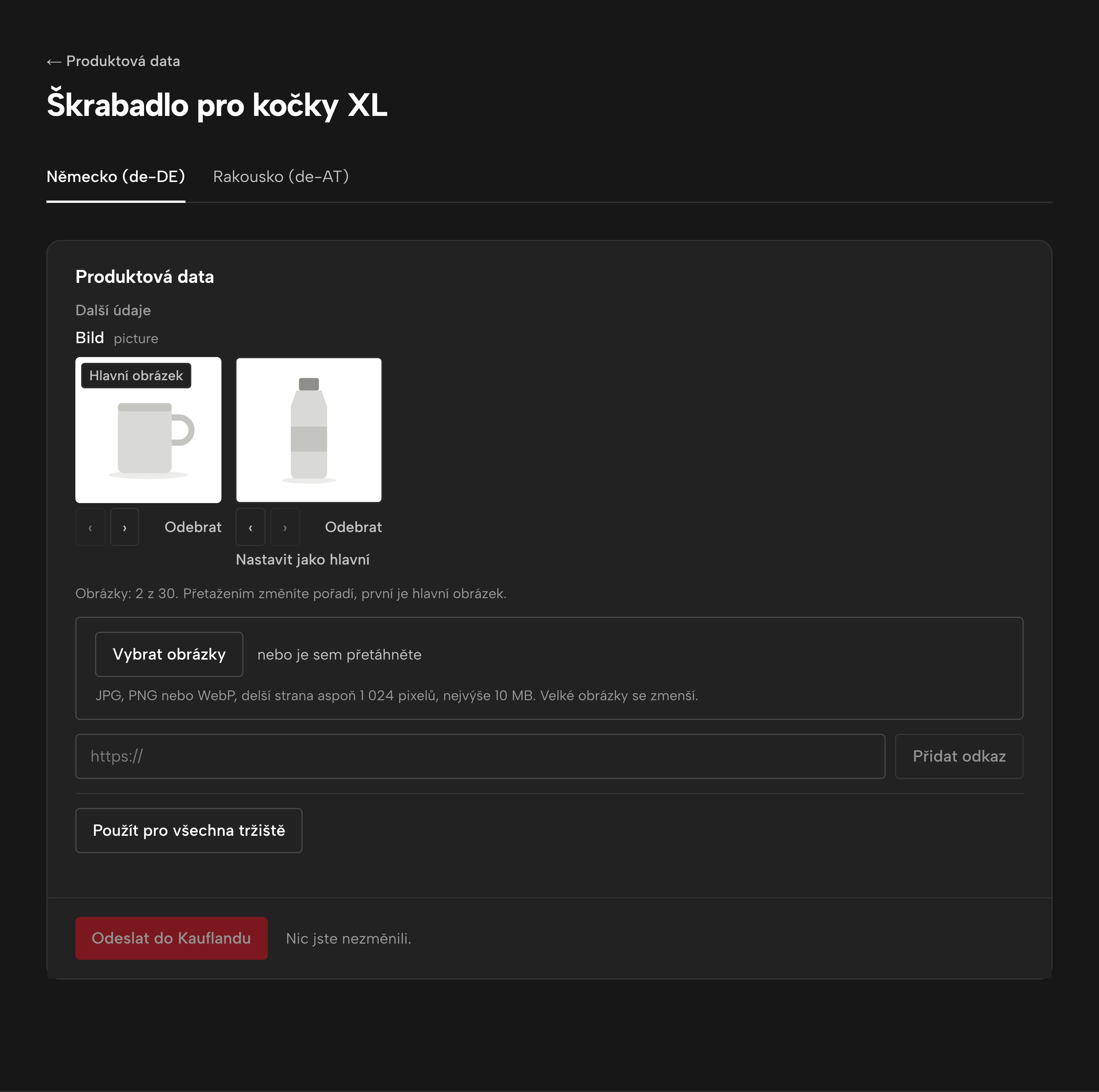 Produktová data jednoho produktu v Sellgripu: karta pro každý obchod Kaufland, obrázky s hlavním obrázkem na začátku a pole, kde další vyberete, přetáhnete nebo zadáte odkazem.