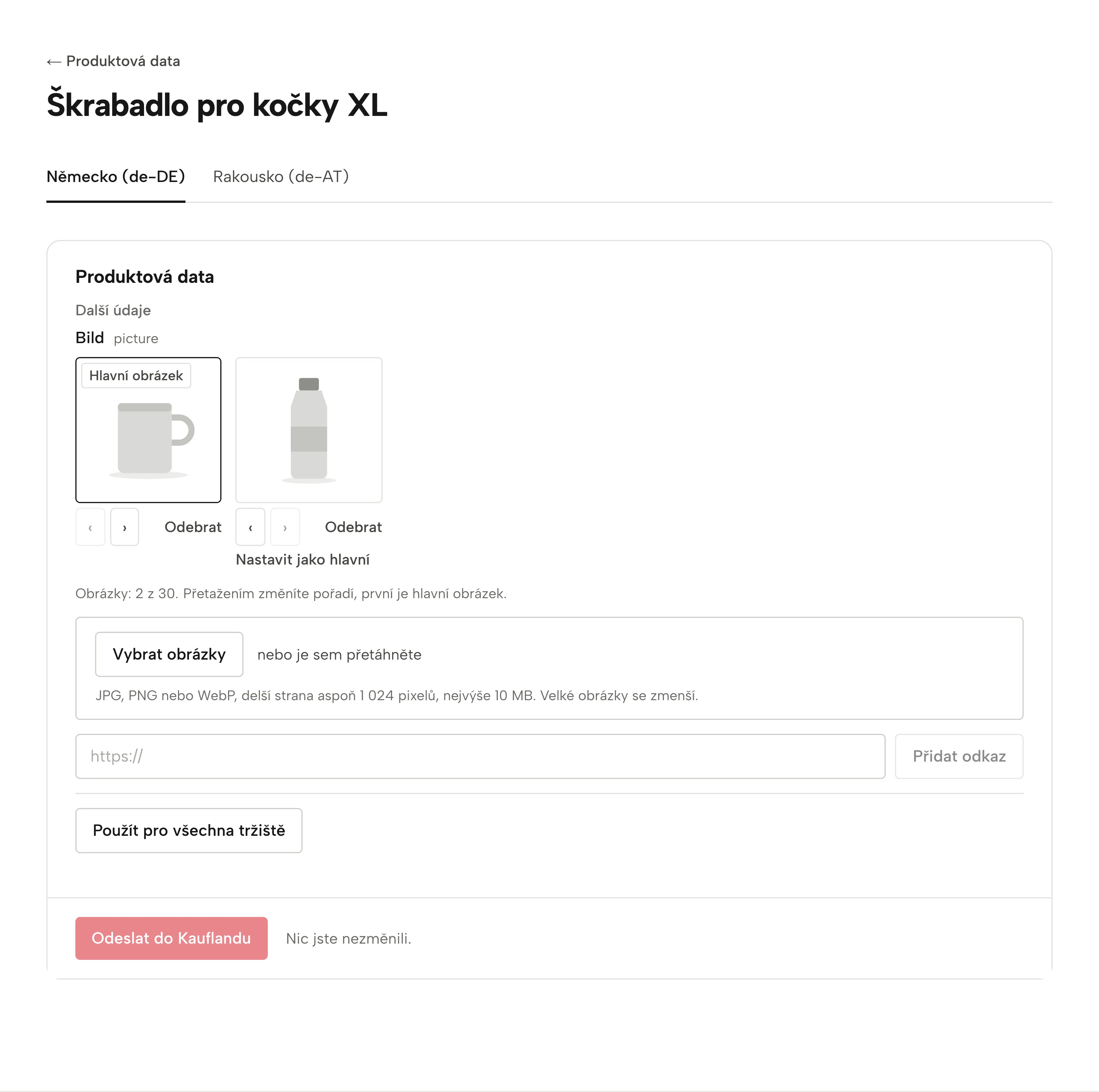 Produktová data jednoho produktu v Sellgripu: karta pro každý obchod Kaufland, obrázky s hlavním obrázkem na začátku a pole, kde další vyberete, přetáhnete nebo zadáte odkazem.