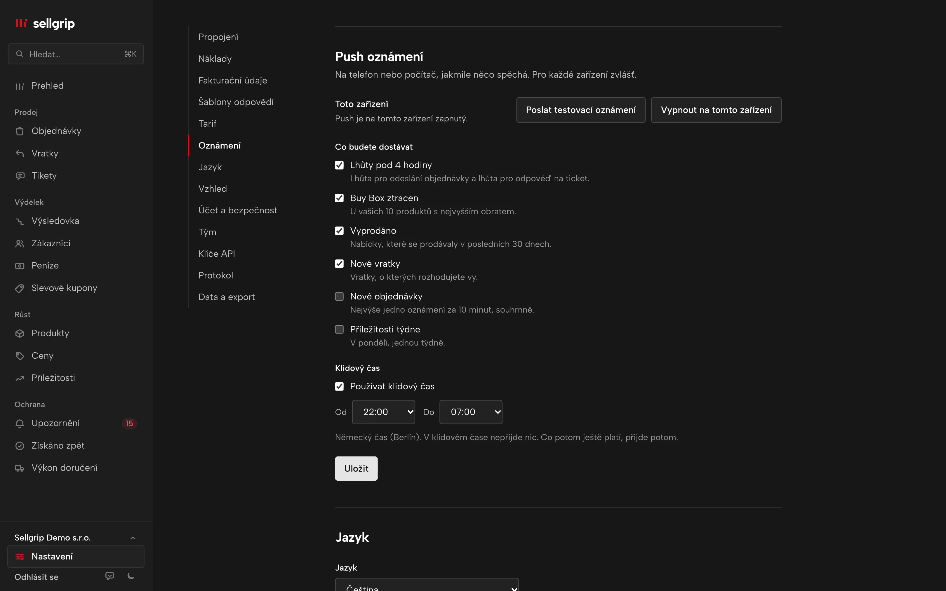 Push oznámení v nastavení Sellgripu: oblasti pro zařízení a klidový čas.