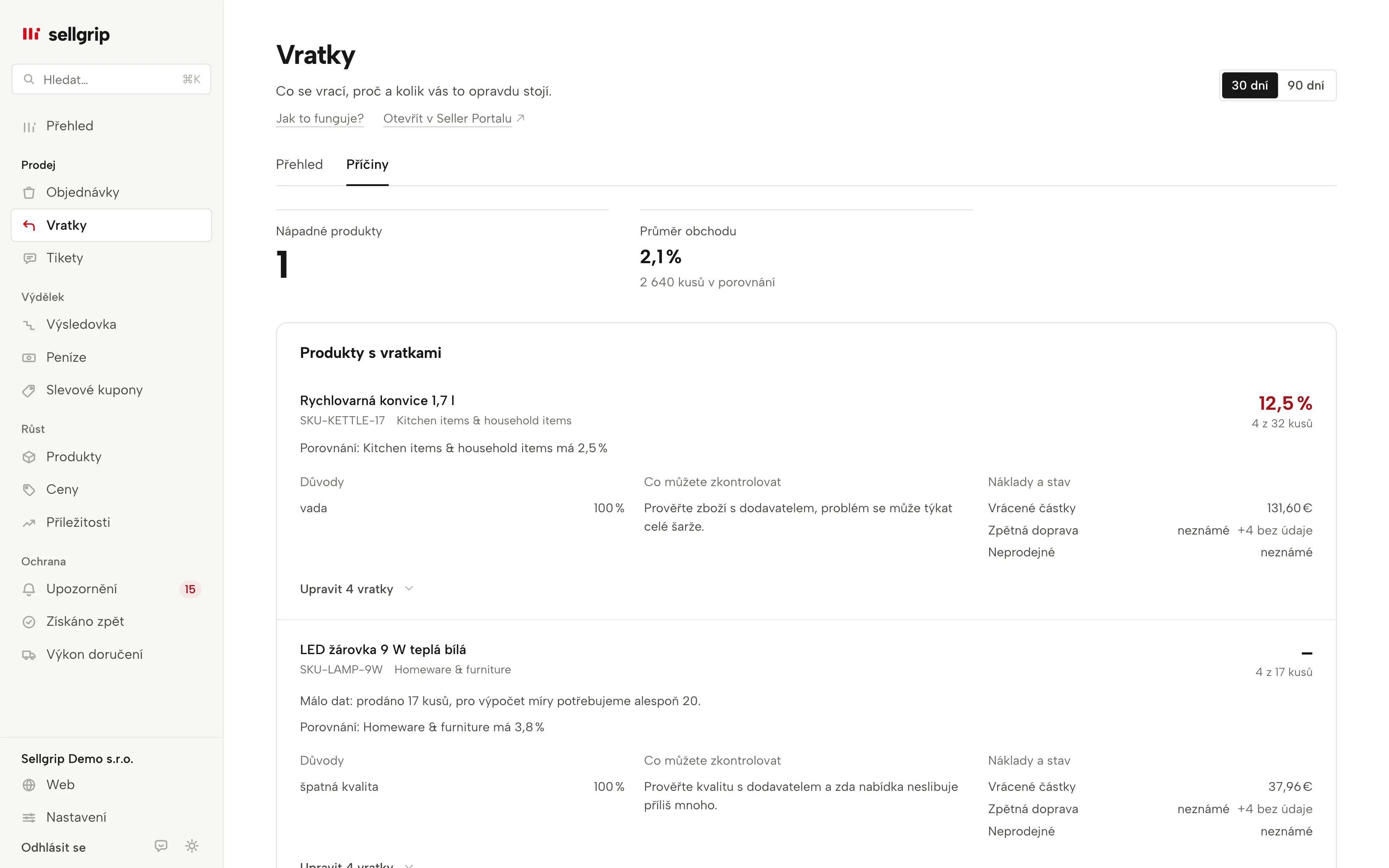 Radar vratek v Sellgripu: označené produkty, základ porovnání, důvody vratek a známé náklady.
