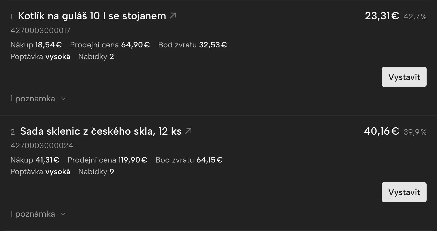 Hledač marží v Sellgripu, s ukázkovými daty
