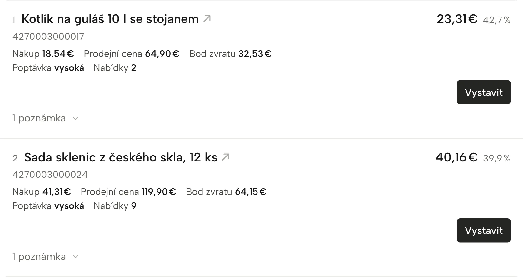 Hledač marží v Sellgripu, s ukázkovými daty