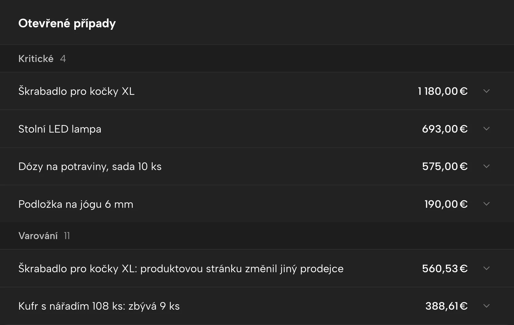 Upozornění v Sellgripu, s ukázkovými daty