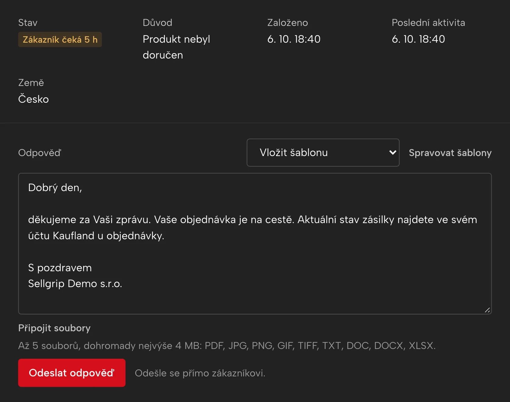 Tikety v Sellgripu, s ukázkovými daty