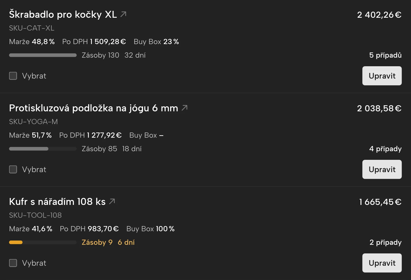 Zisk na produkt v Sellgripu, s ukázkovými daty