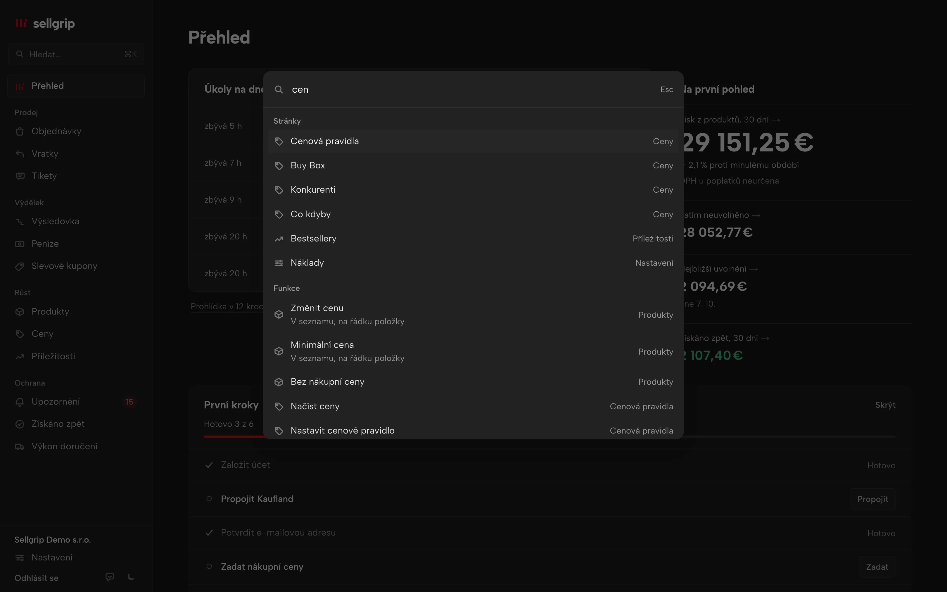 Hledání v Sellgripu otevřené klávesami ⌘K: stránky a funkce na nich pro slovo „cen“.