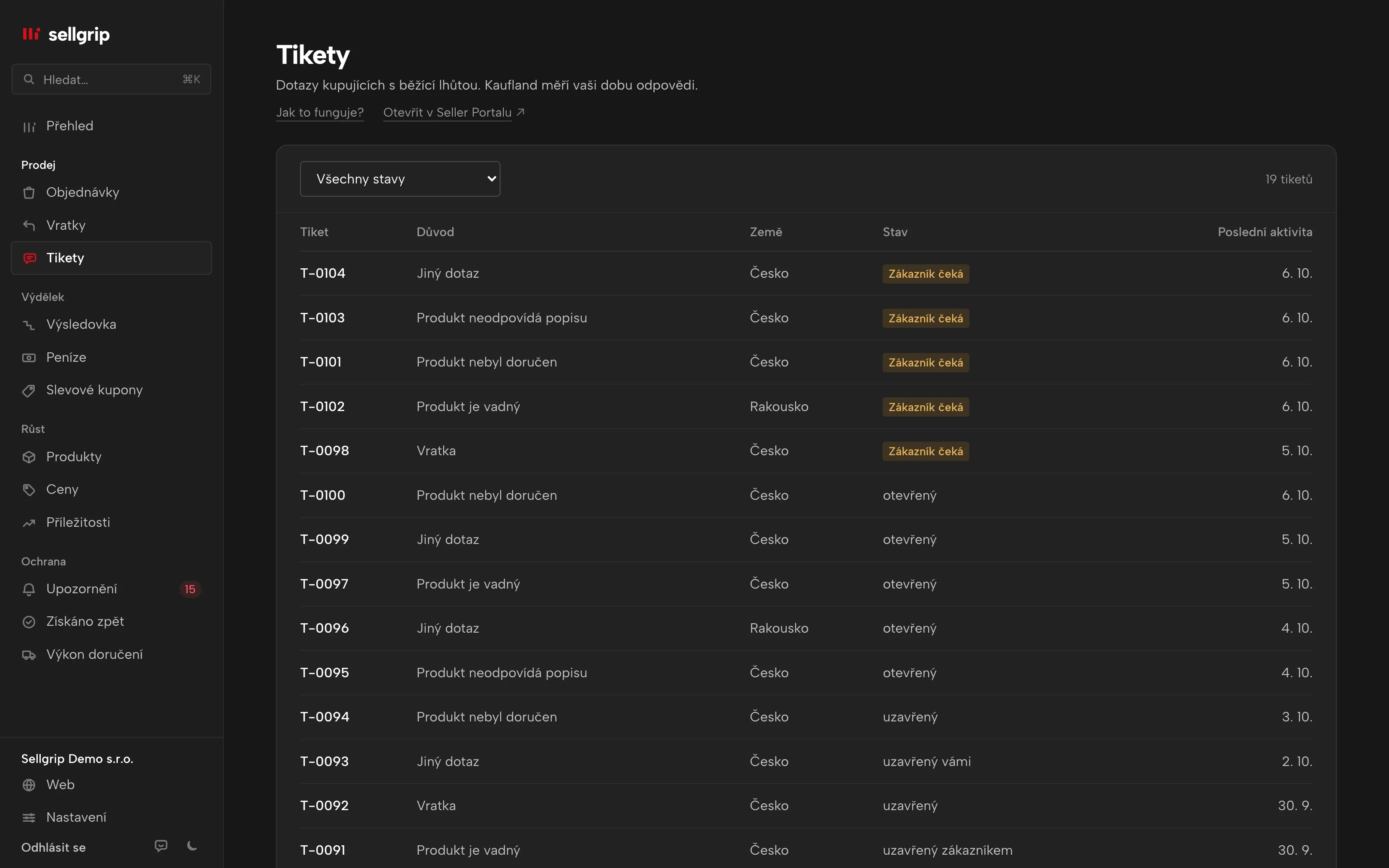 Tikety v Sellgripu: důvod, země a stav Zákazník čeká.