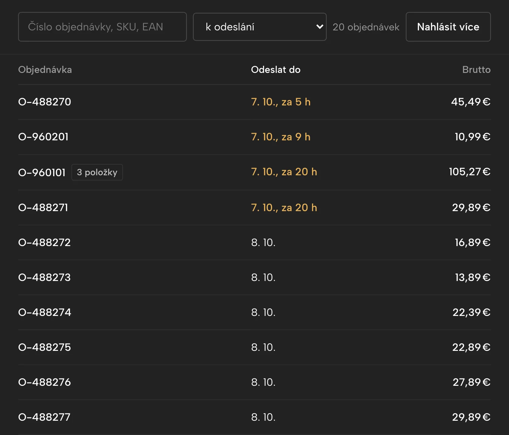 Objednávky v Sellgripu, s ukázkovými daty