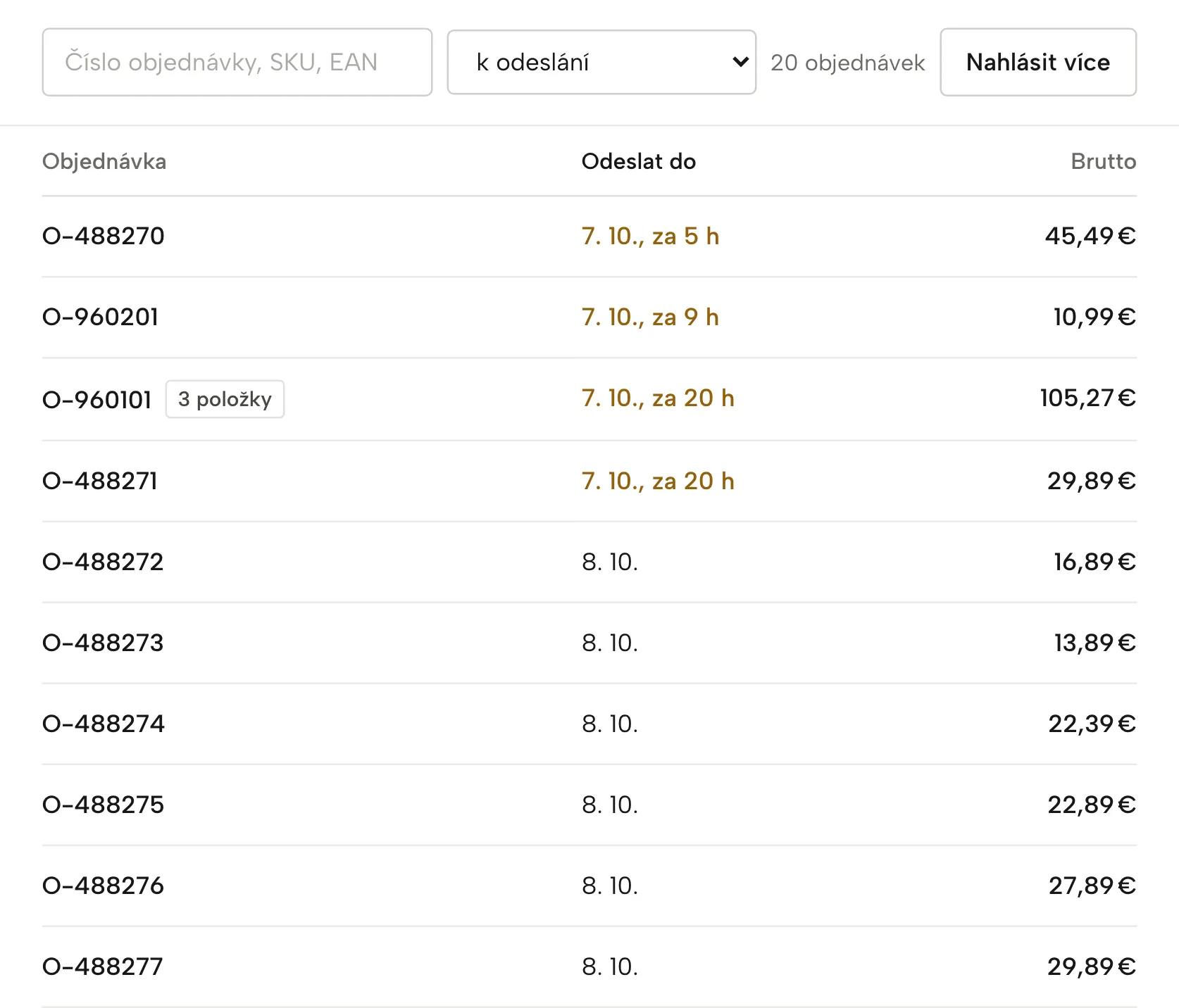 Objednávky v Sellgripu, s ukázkovými daty