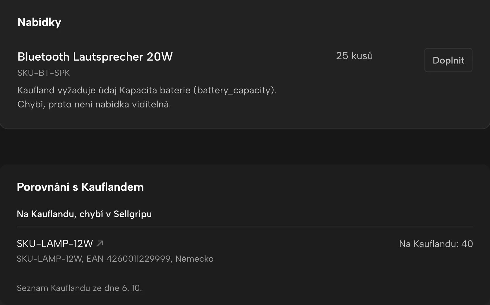 Kontrola nabídek v Sellgripu, s ukázkovými daty