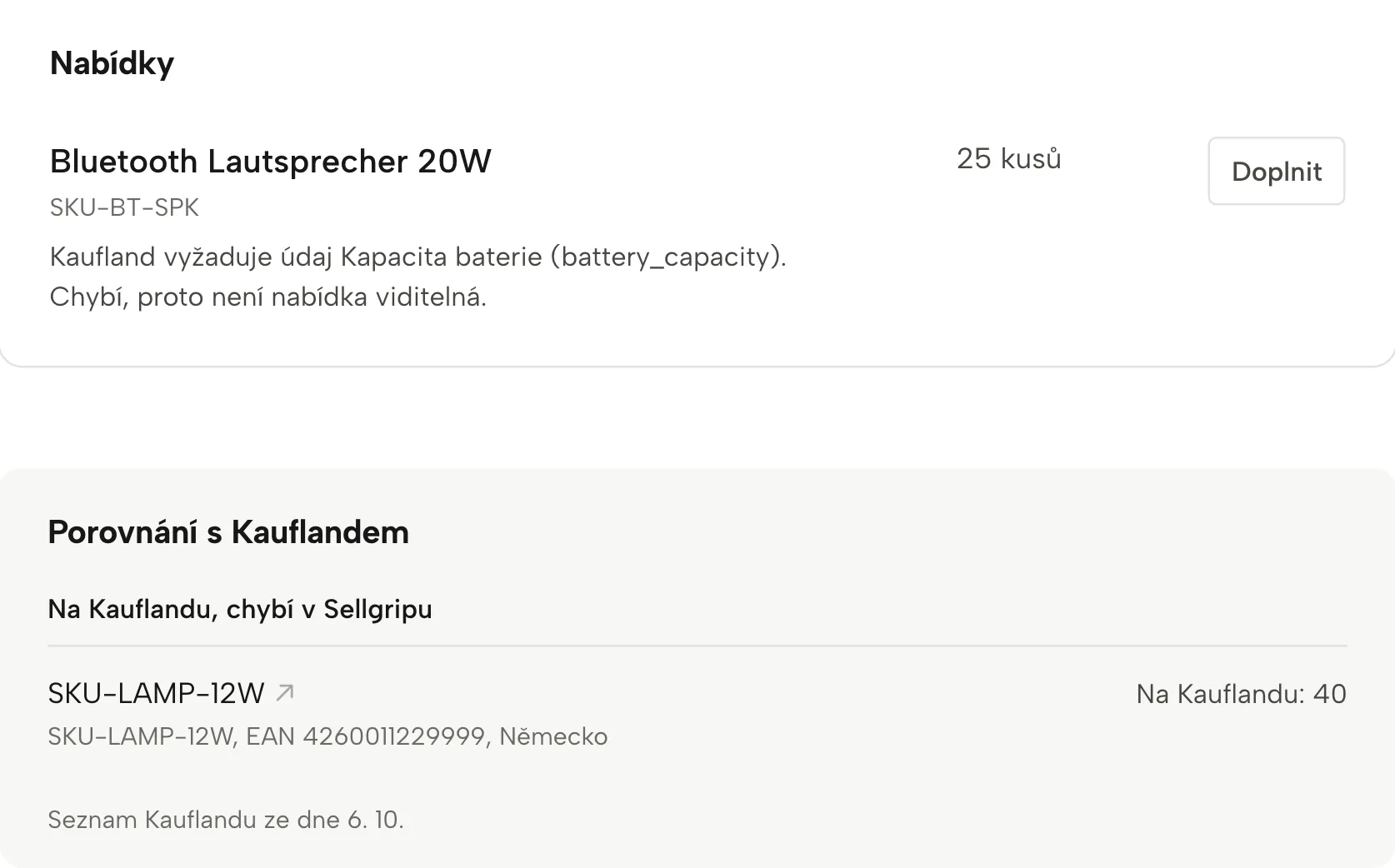 Kontrola nabídek v Sellgripu, s ukázkovými daty
