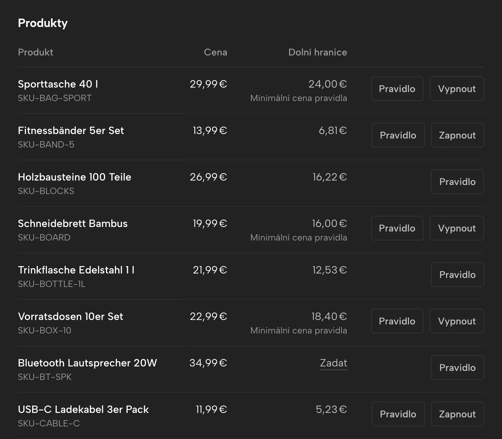 Minimální ceny v Sellgripu, s ukázkovými daty