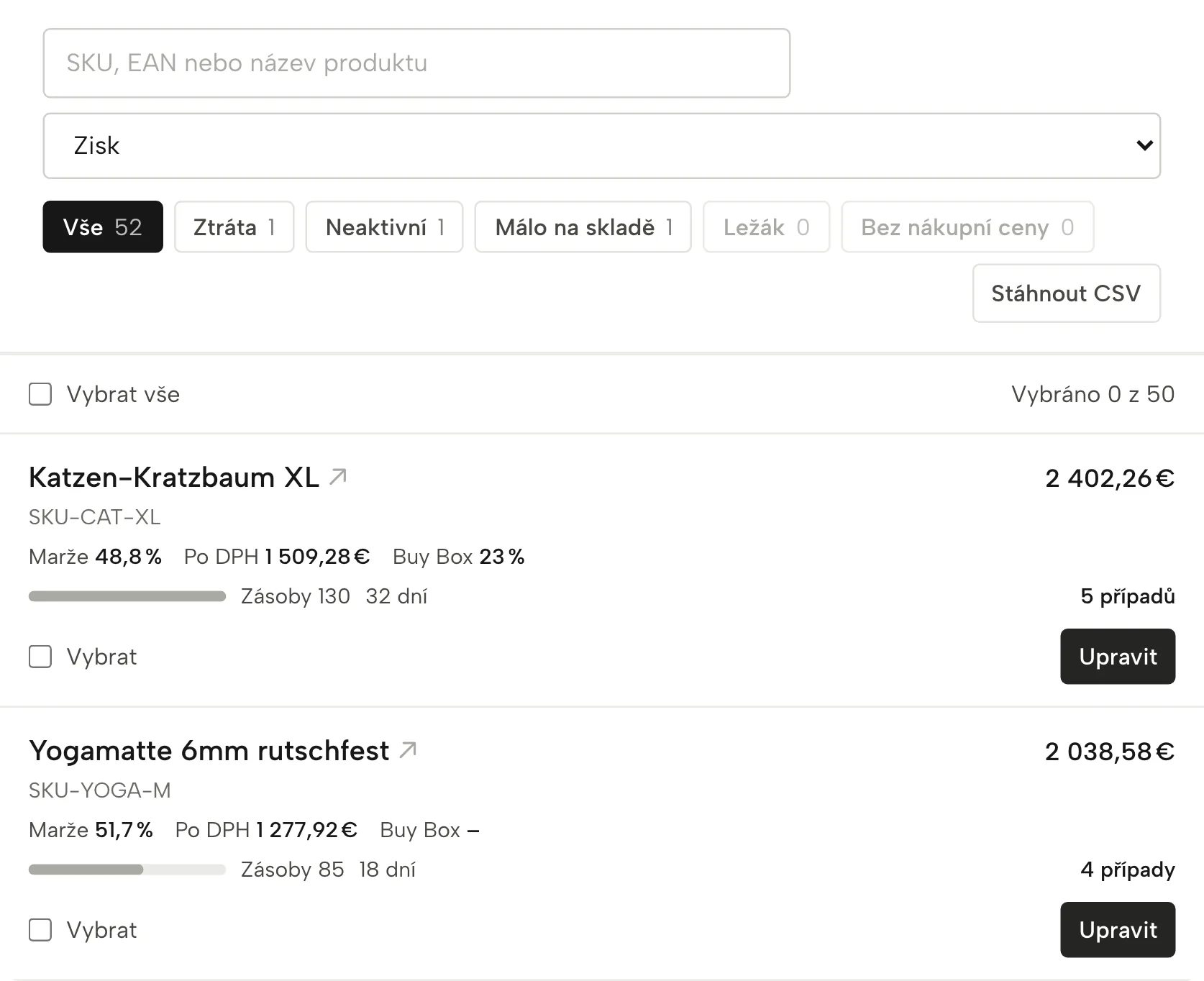 Produkty v Sellgripu, s ukázkovými daty
