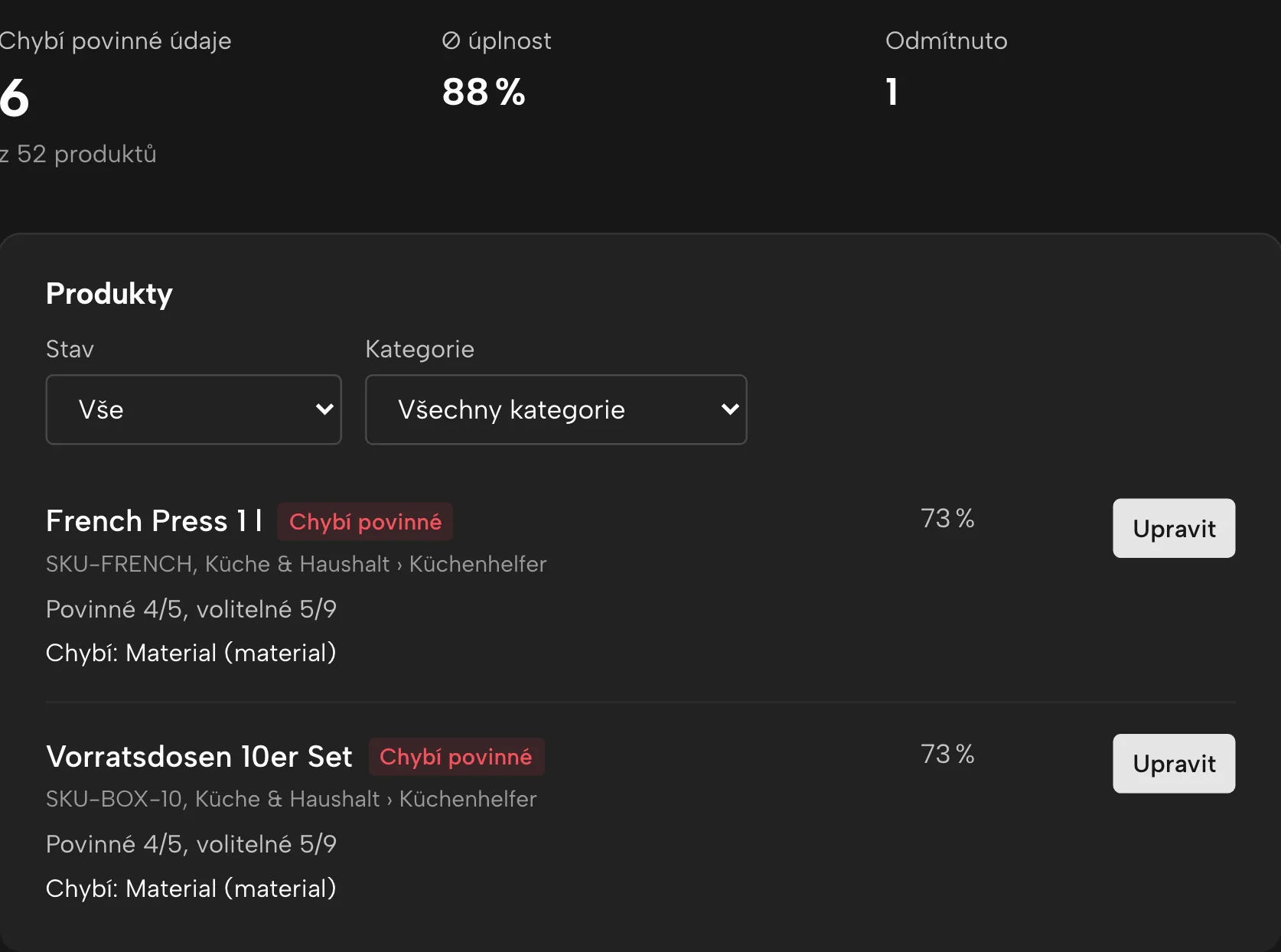 Produktová data v Sellgripu, s ukázkovými daty
