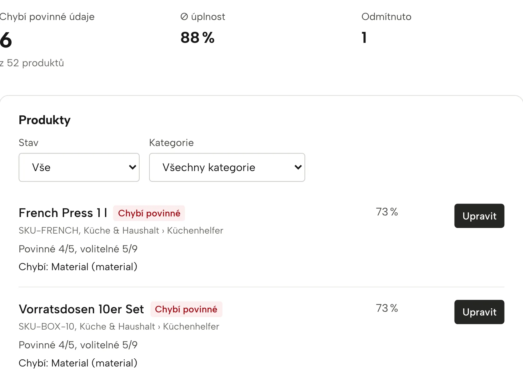 Produktová data v Sellgripu, s ukázkovými daty