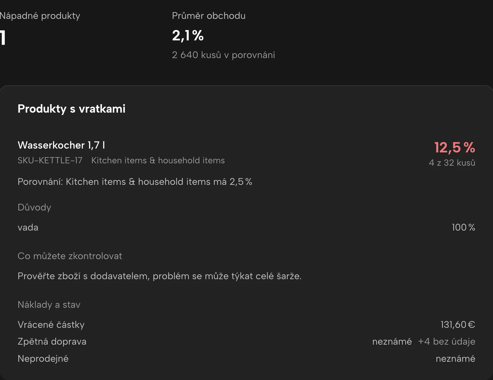 Radar vratek v Sellgripu, s ukázkovými daty