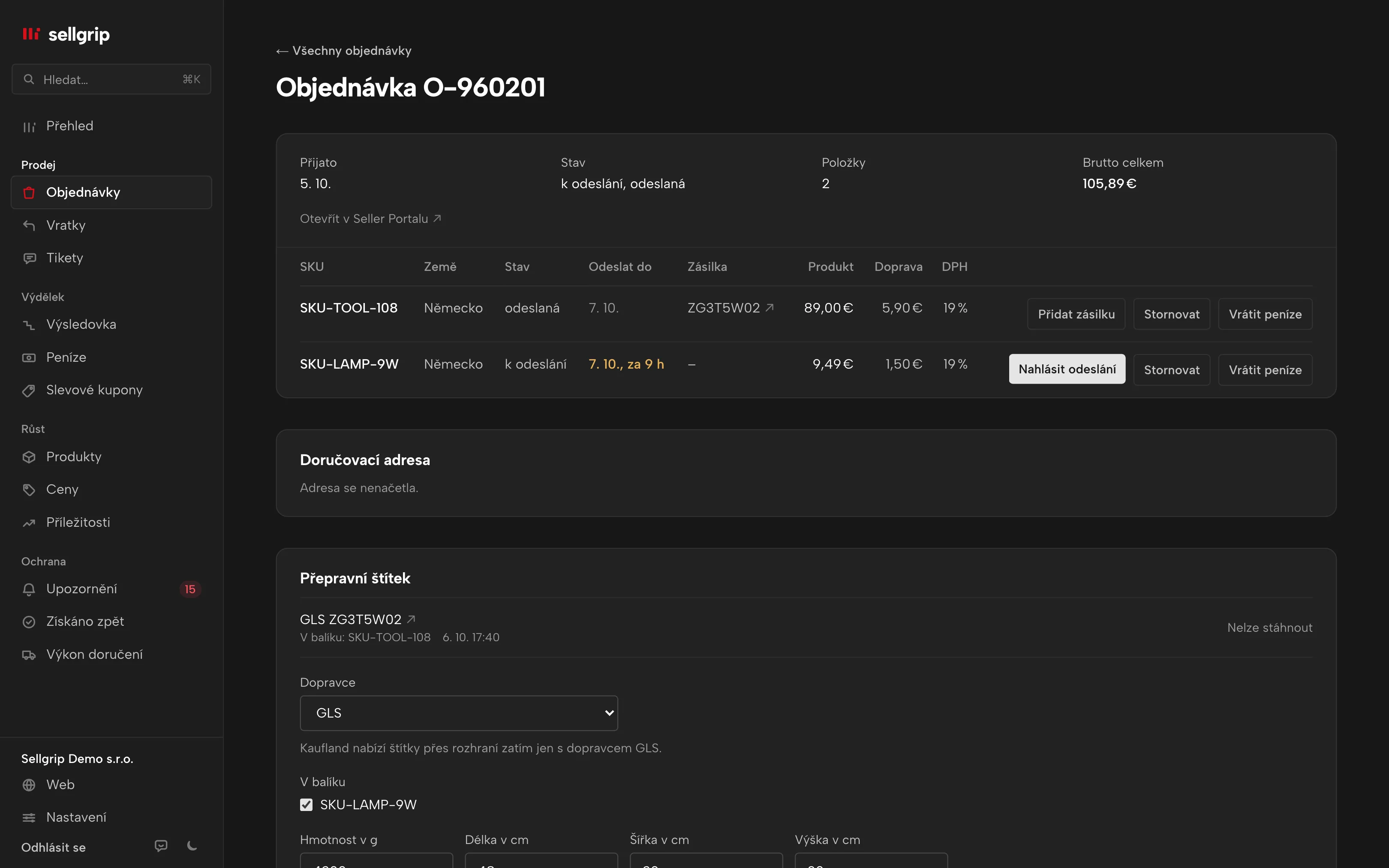 Objednávka v Sellgripu s panelem pro přepravní štítek GLS, hmotností a rozměry.