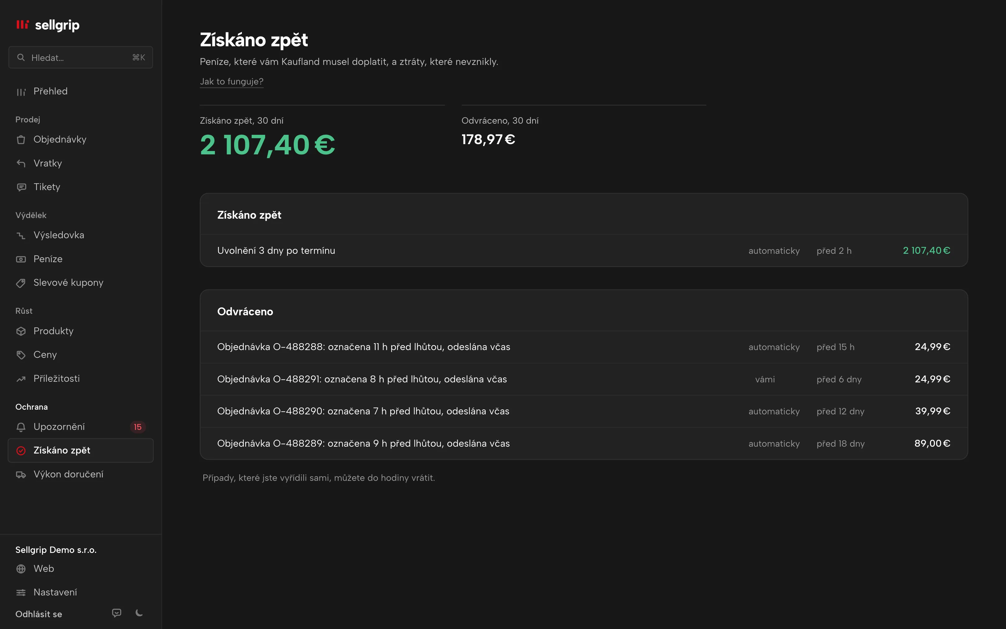 Získáno zpět v Sellgripu: dva součty a doklady s částkou.