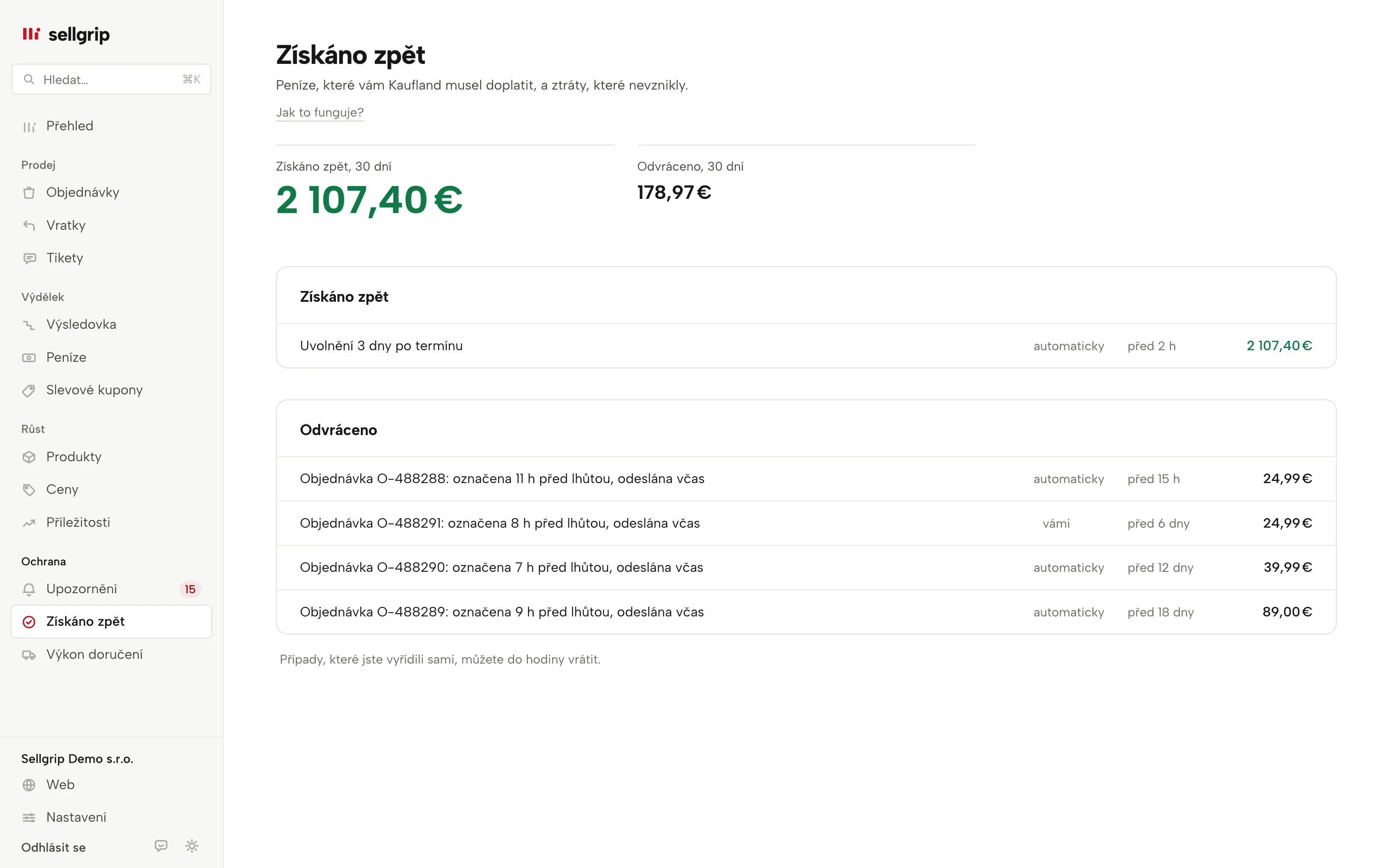 Získáno zpět v Sellgripu: dva součty a doklady s částkou.