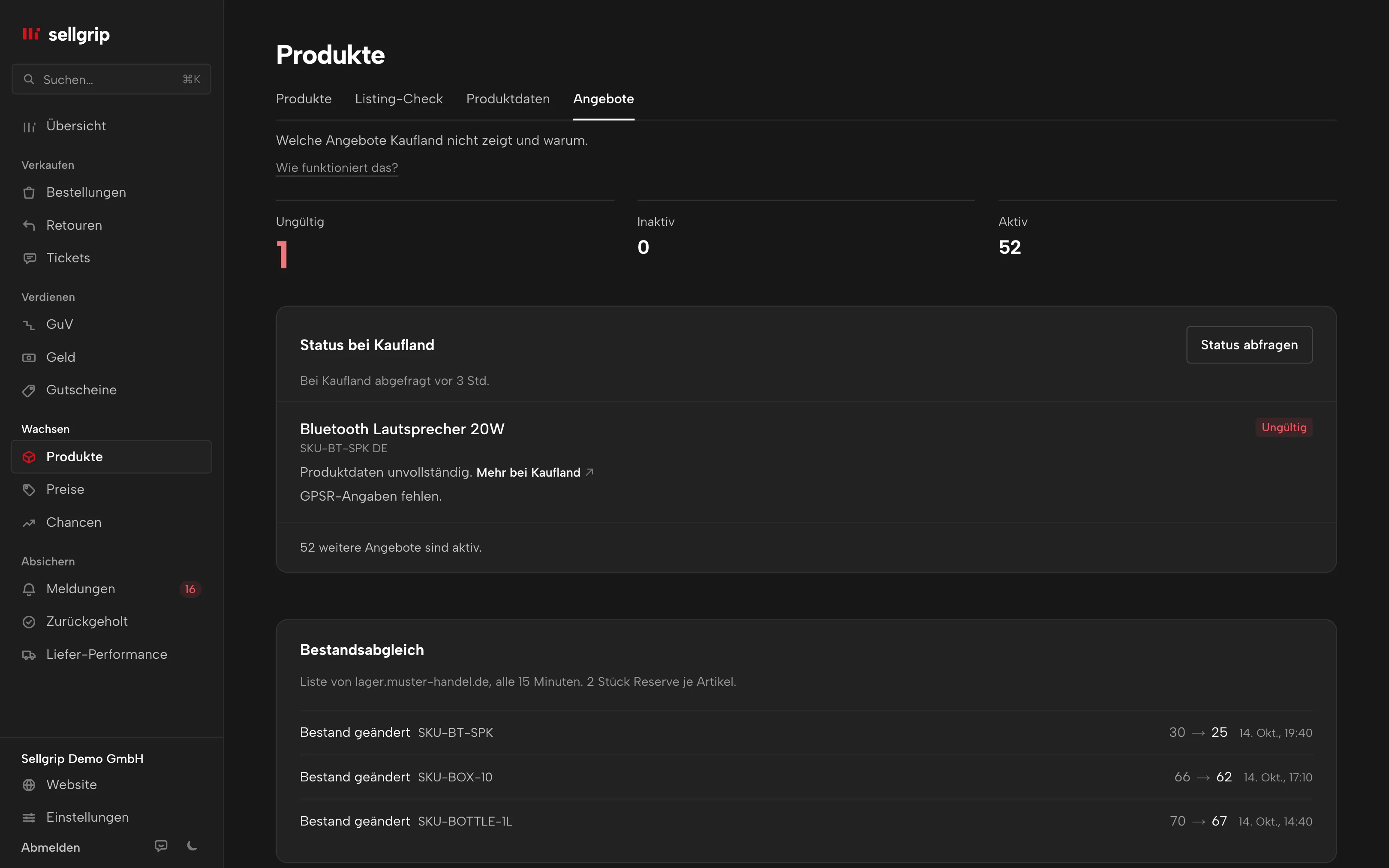 Angebote in Sellgrip: der Status bei Kaufland je Angebot und der Bestandsabgleich.