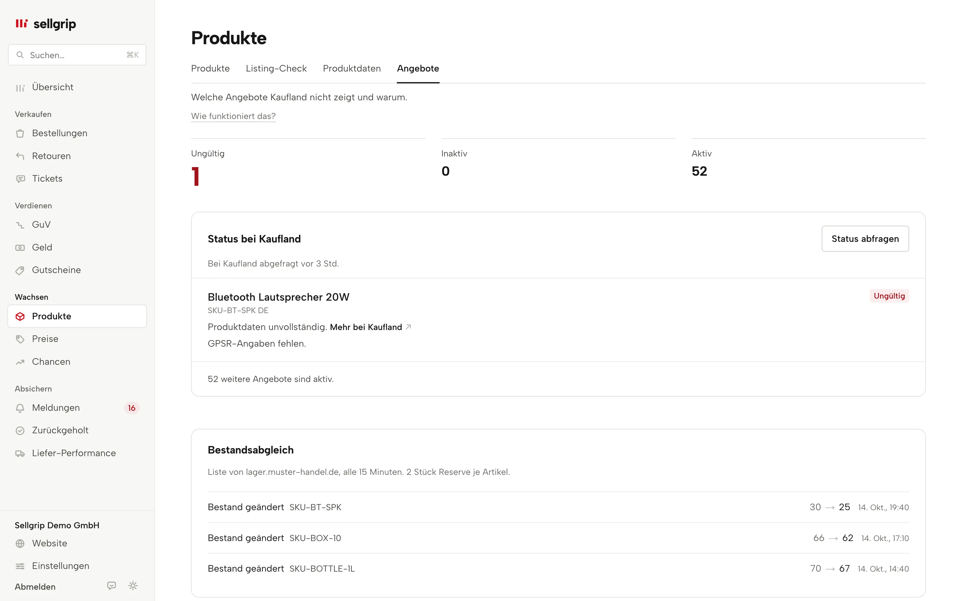 Angebote in Sellgrip: der Status bei Kaufland je Angebot und der Bestandsabgleich.