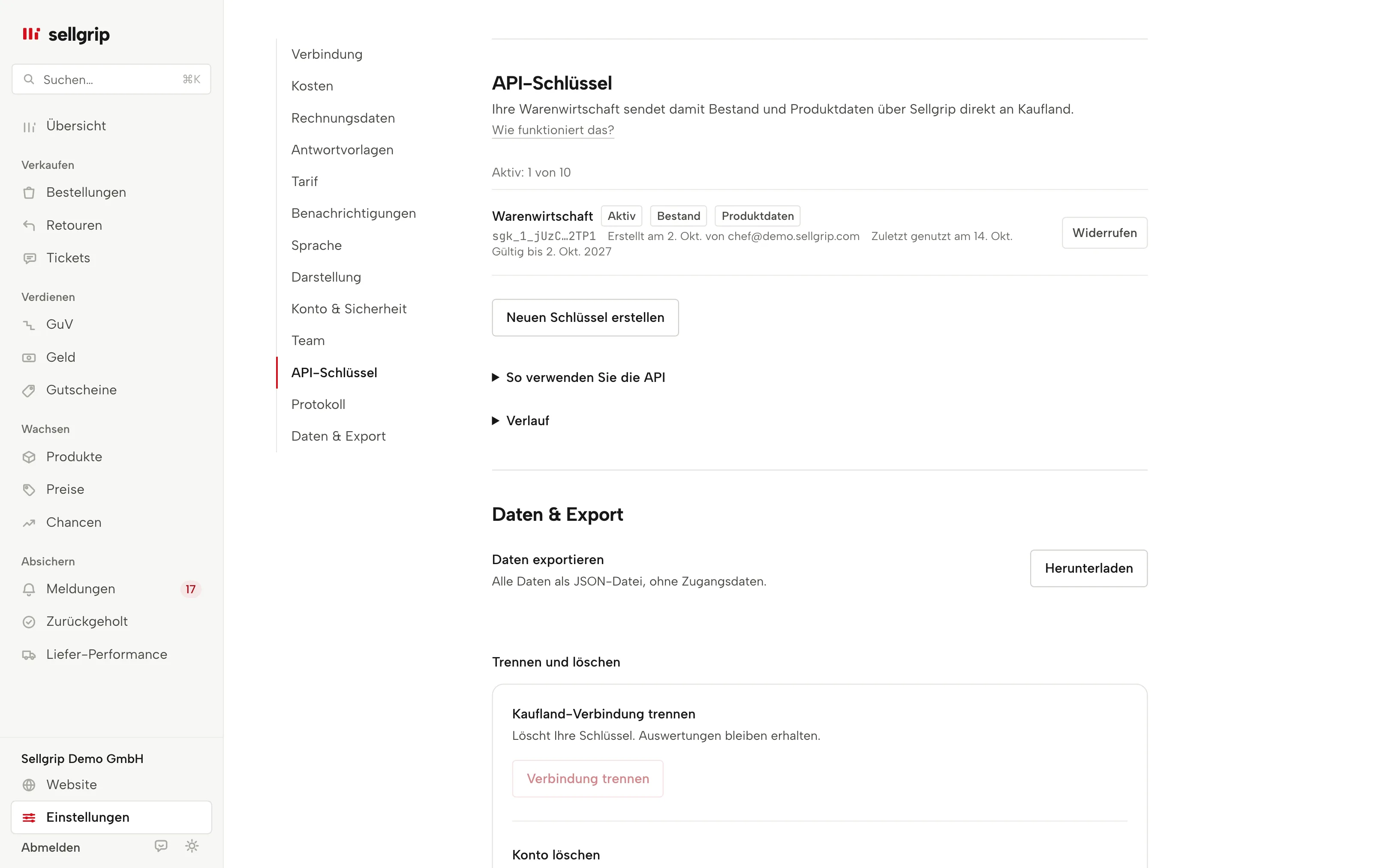 API-Schlüssel in Sellgrip: die Schlüssel mit Berechtigungen, letzter Nutzung und Ablauf.