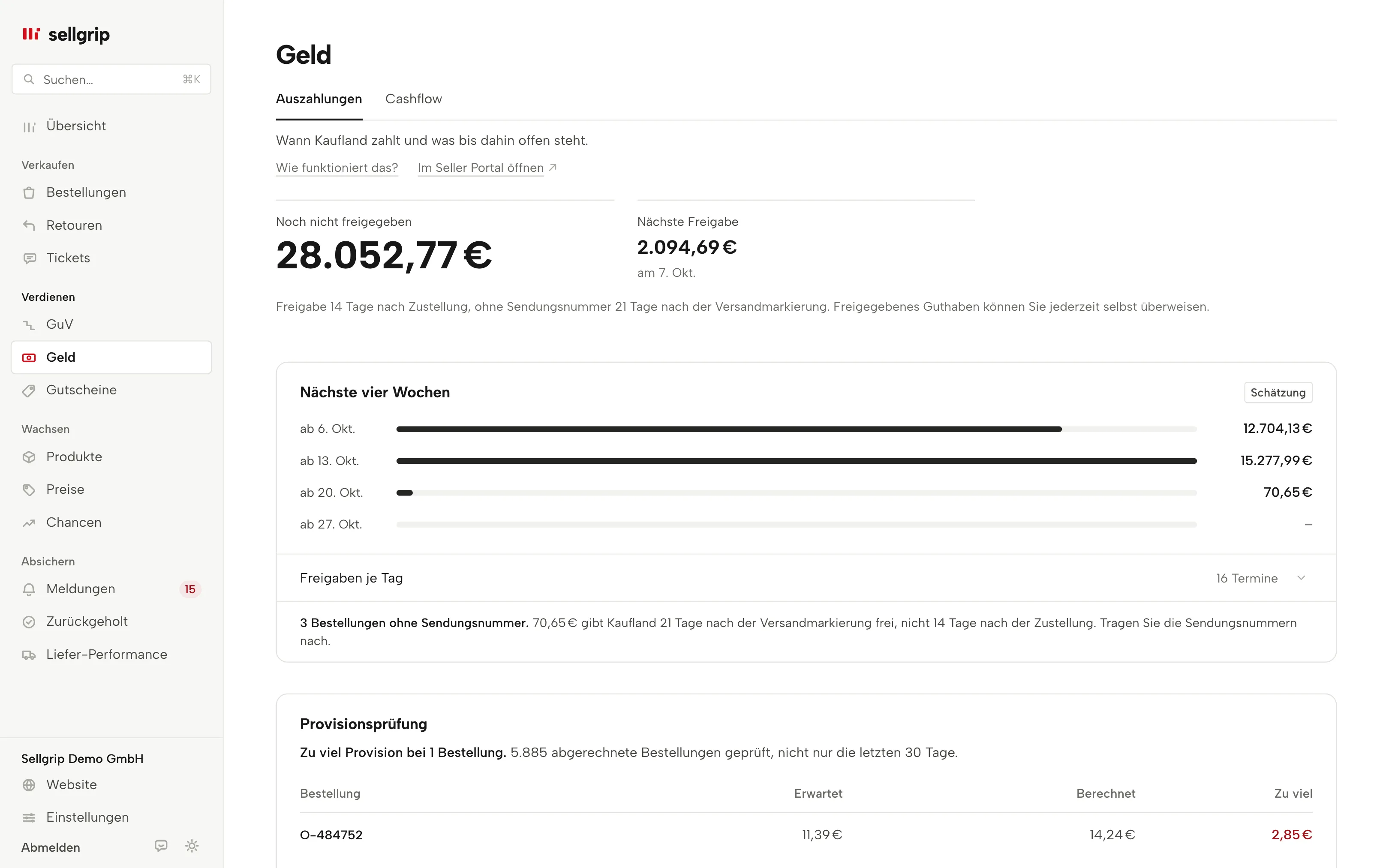 Auszahlungen in Sellgrip: noch nicht freigegebenes Geld, die nächste Freigabe und eine überfällige Freigabe mit Text für Kaufland.