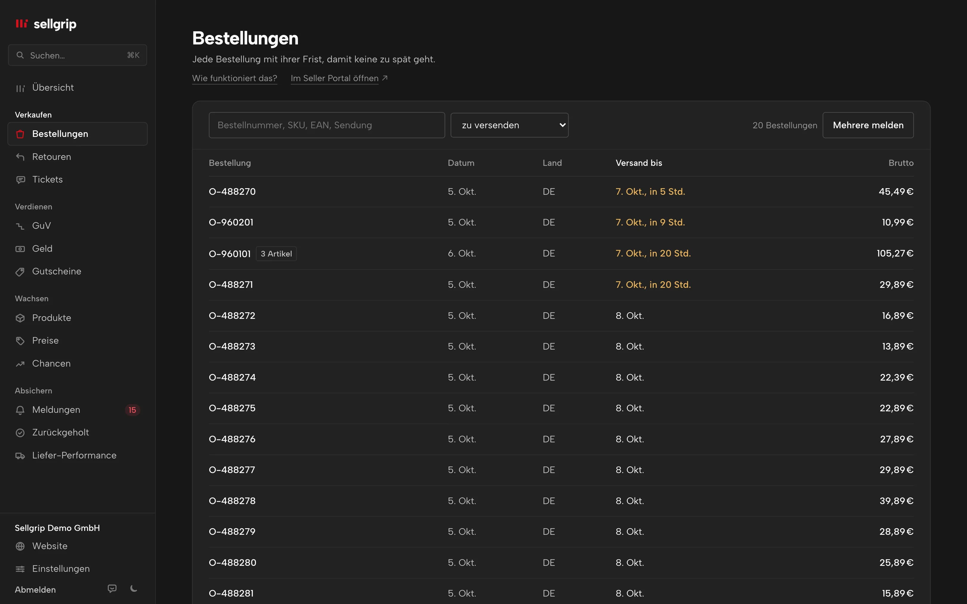 Bestellungen in Sellgrip: Suche, Statusfilter und die Spalte Versand bis.