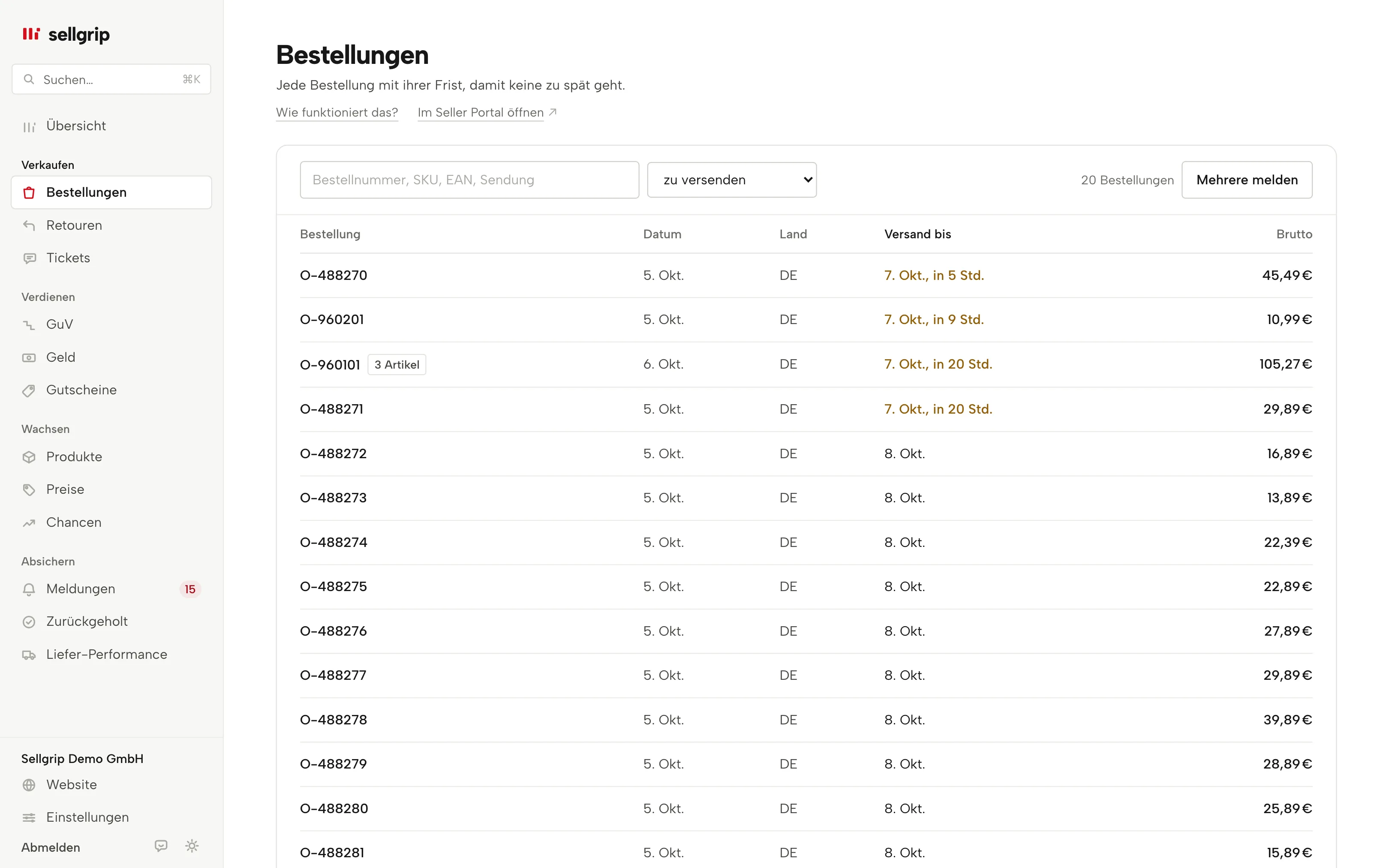 Bestellungen in Sellgrip: Suche, Statusfilter und die Spalte Versand bis.