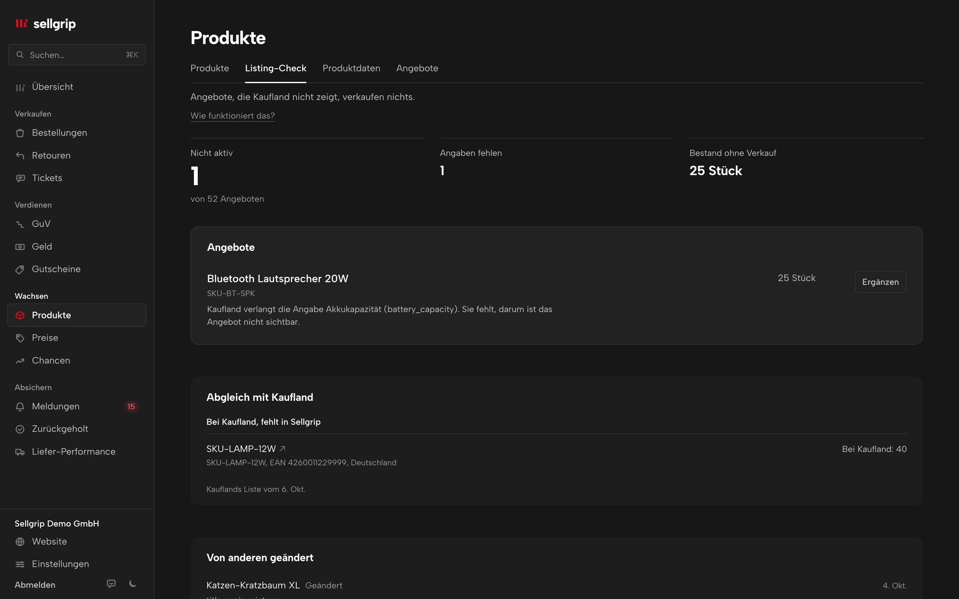 Listing-Check in Sellgrip: Angebote, die Kaufland nicht zeigt, mit dem Grund und dem Knopf „Ergänzen“.