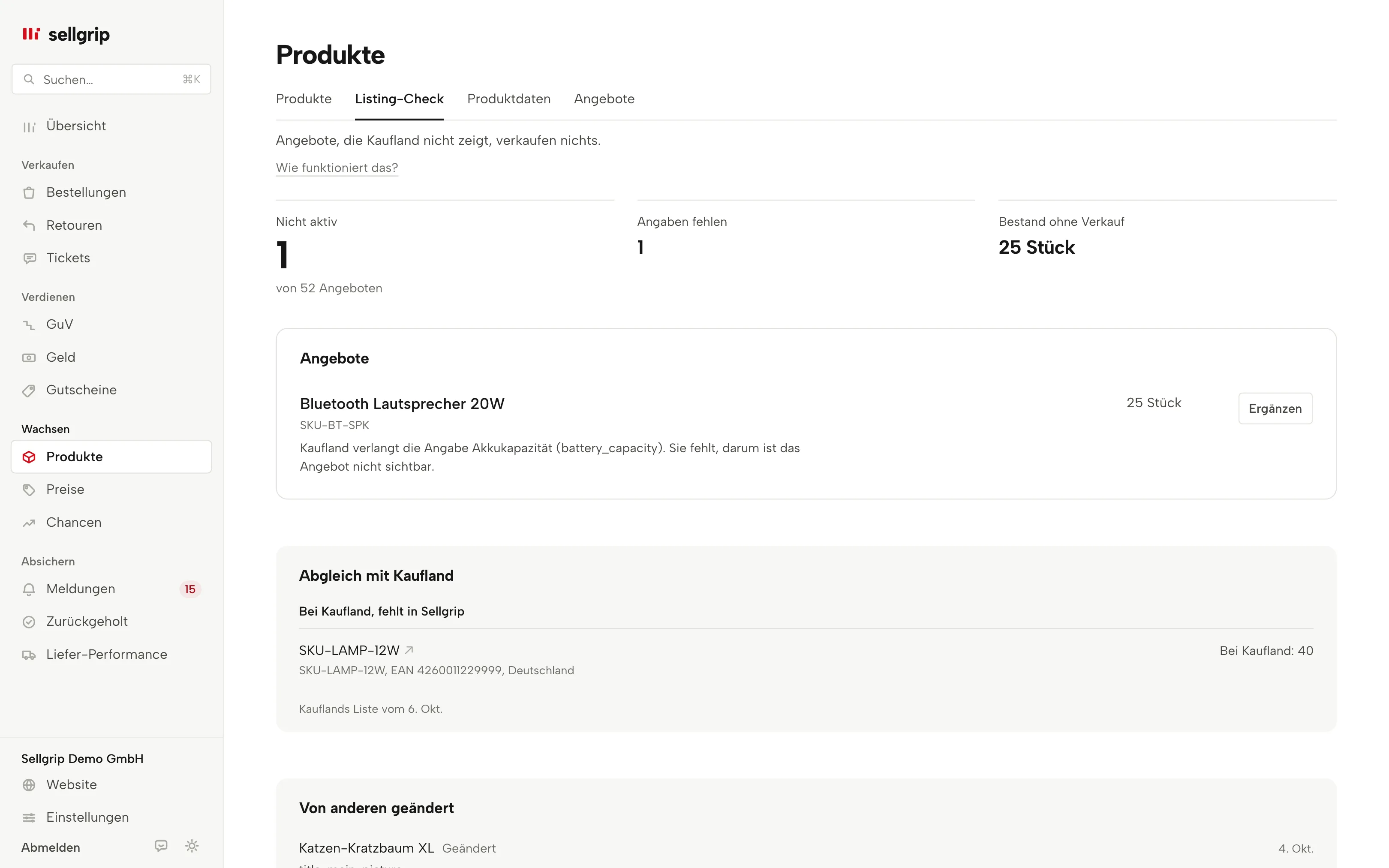 Listing-Check in Sellgrip: Angebote, die Kaufland nicht zeigt, mit dem Grund und dem Knopf „Ergänzen“.