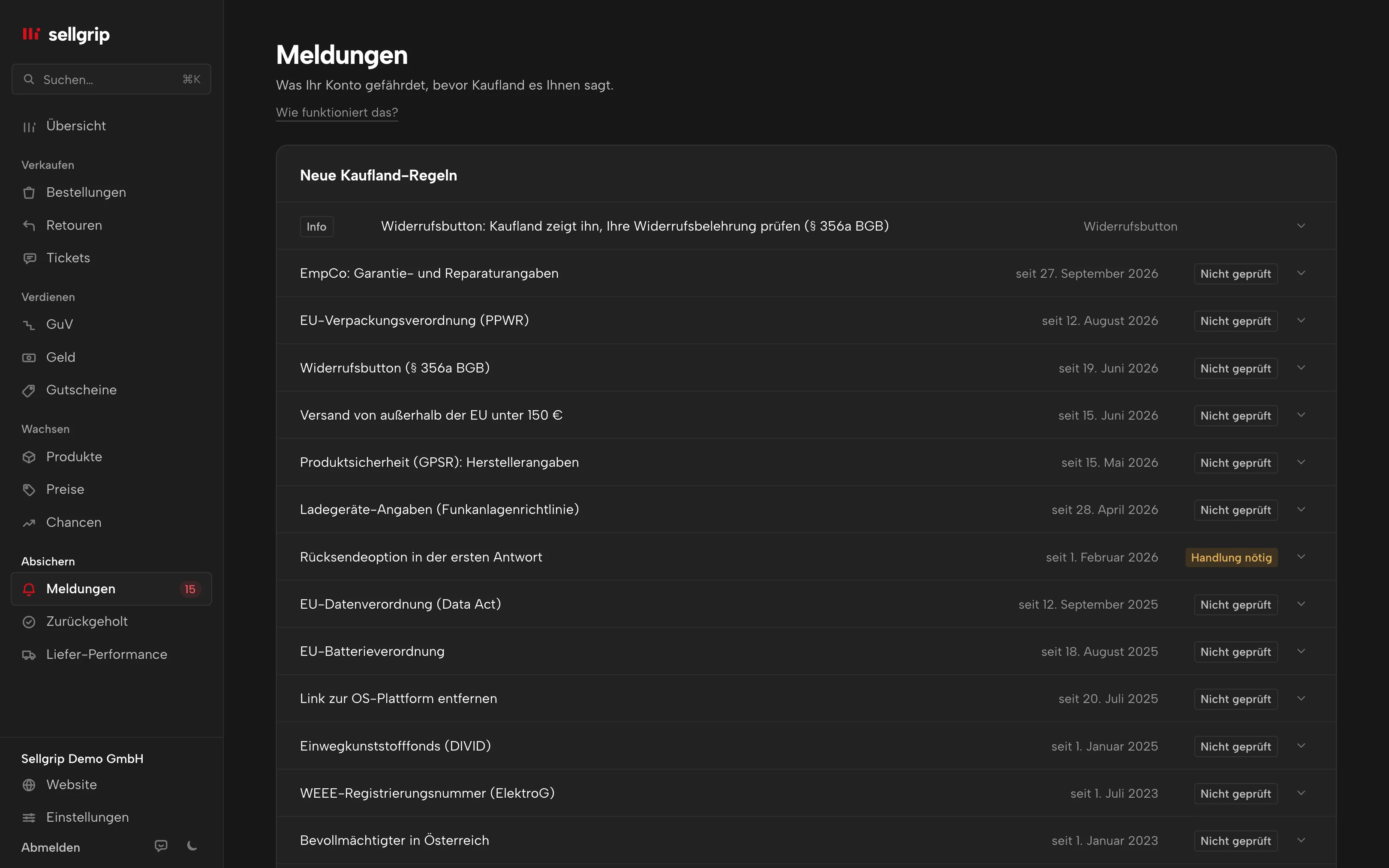 Die Meldungen in Sellgrip, oben die Kontogesundheit mit einem Kontorisiko.