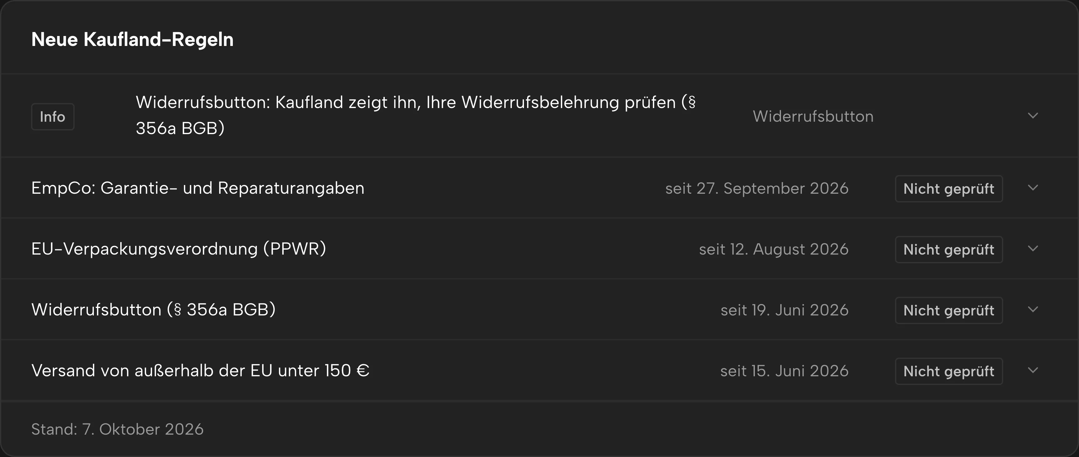 Neue Kaufland-Regeln in Sellgrip, mit Datum und Status.