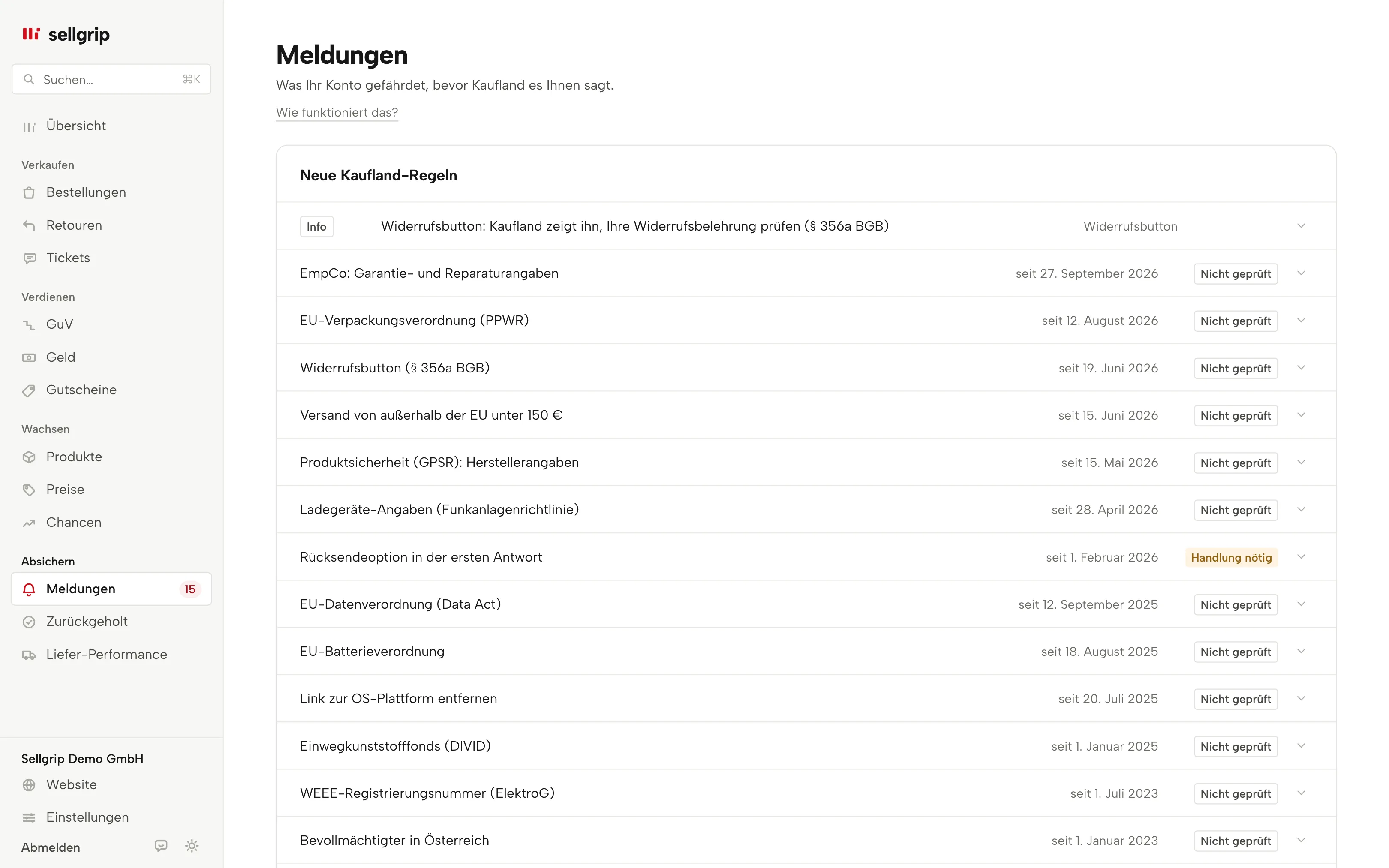 Die Meldungen in Sellgrip, oben die Kontogesundheit mit einem Kontorisiko.