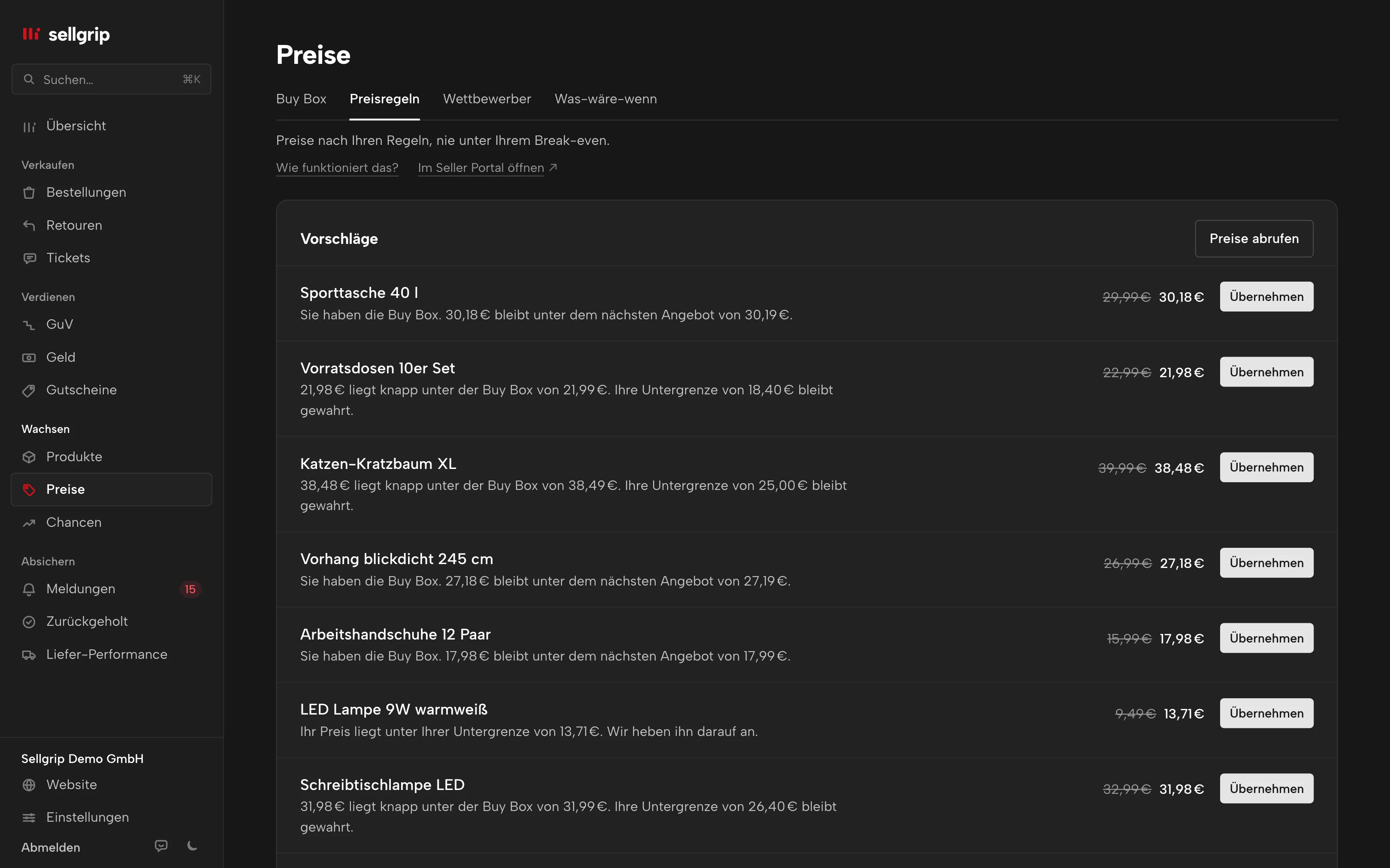Preisregeln in Sellgrip mit Vorschlägen je Produkt, Untergrenze und Notaus.