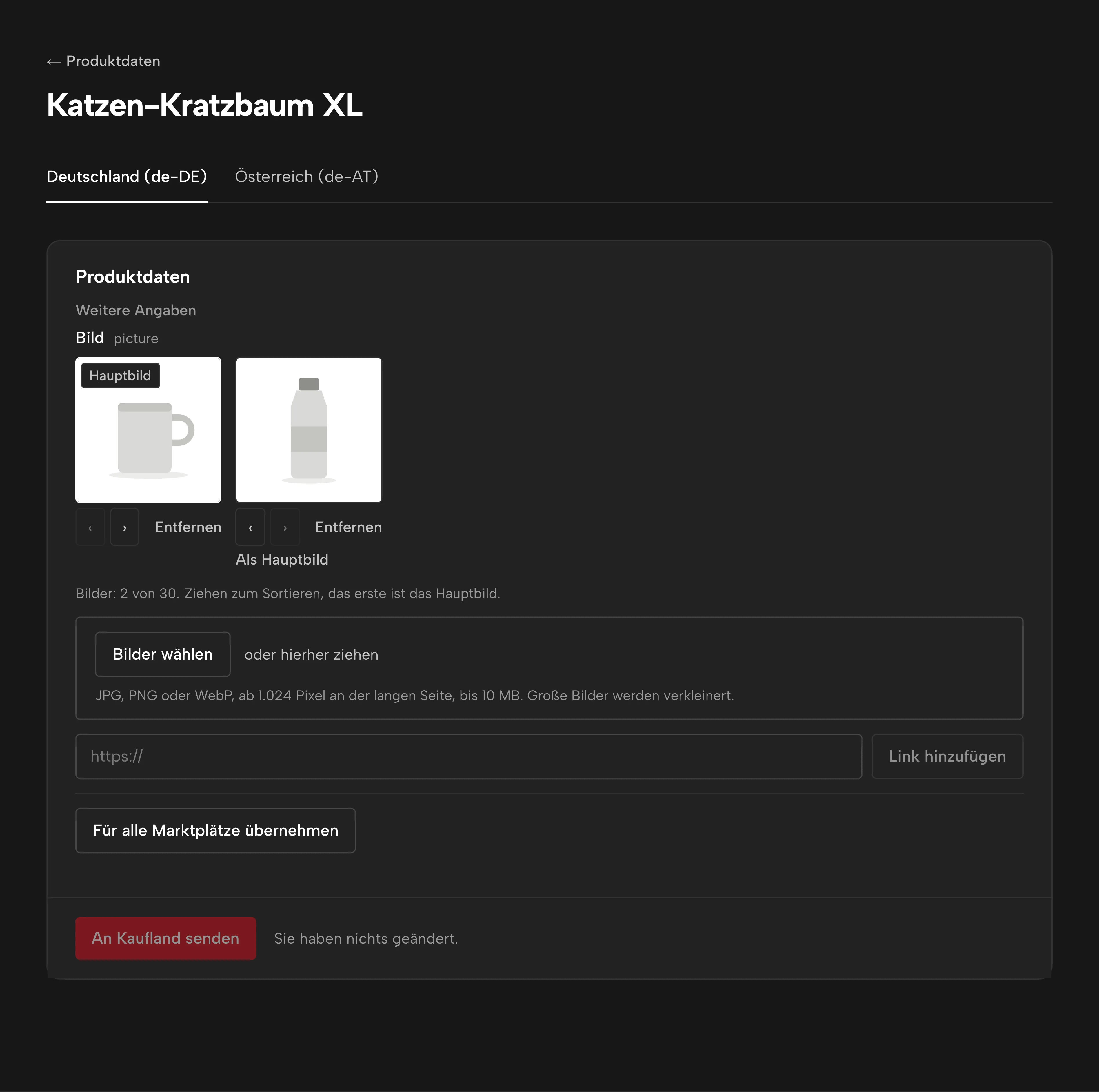 Produktdaten eines Produkts in Sellgrip: ein Tab pro Kaufland-Marktplatz, die Bilder mit dem Hauptbild vorn und das Feld, um weitere auszuwählen, hineinzuziehen oder zu verlinken.