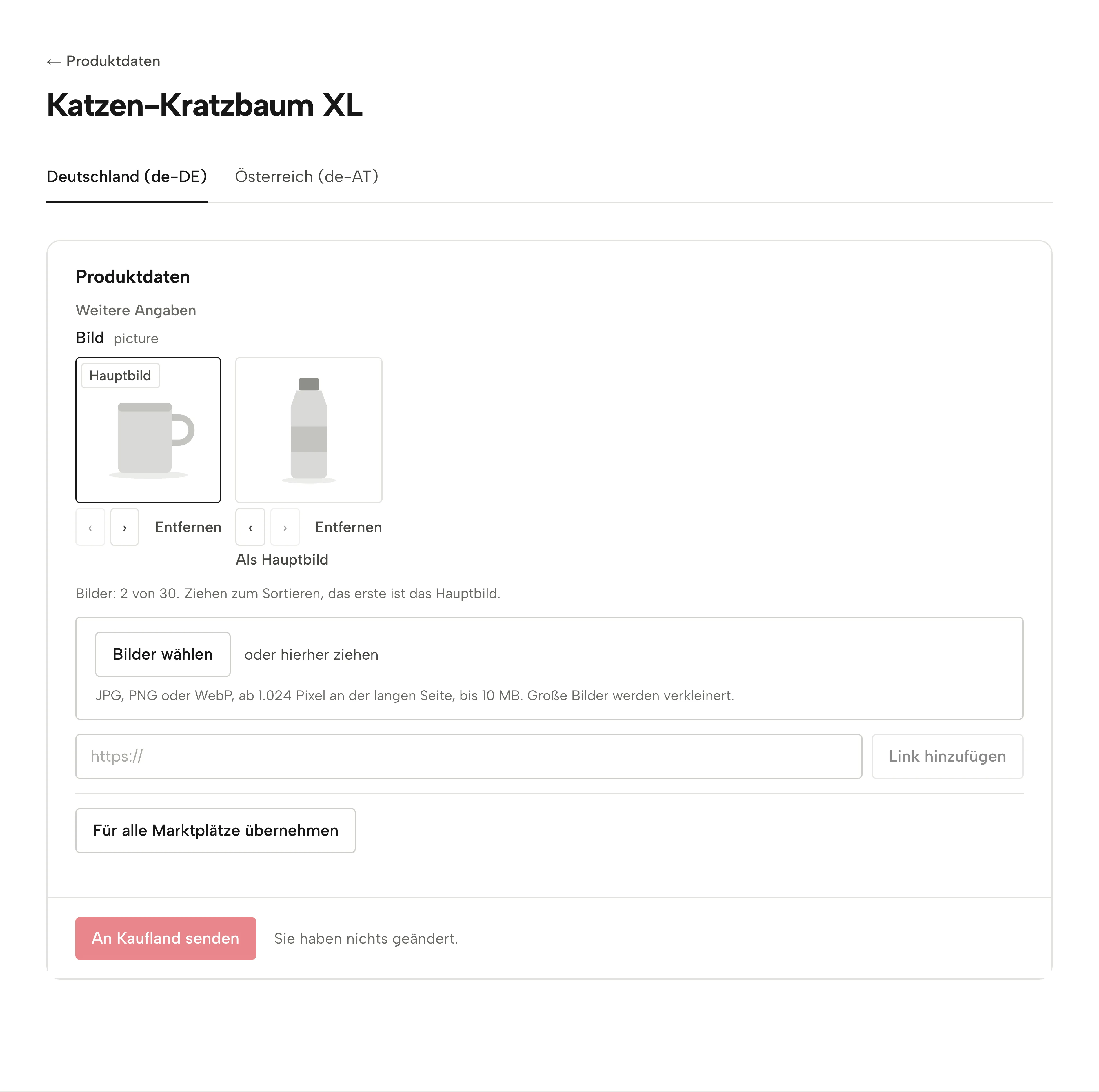 Produktdaten eines Produkts in Sellgrip: ein Tab pro Kaufland-Marktplatz, die Bilder mit dem Hauptbild vorn und das Feld, um weitere auszuwählen, hineinzuziehen oder zu verlinken.