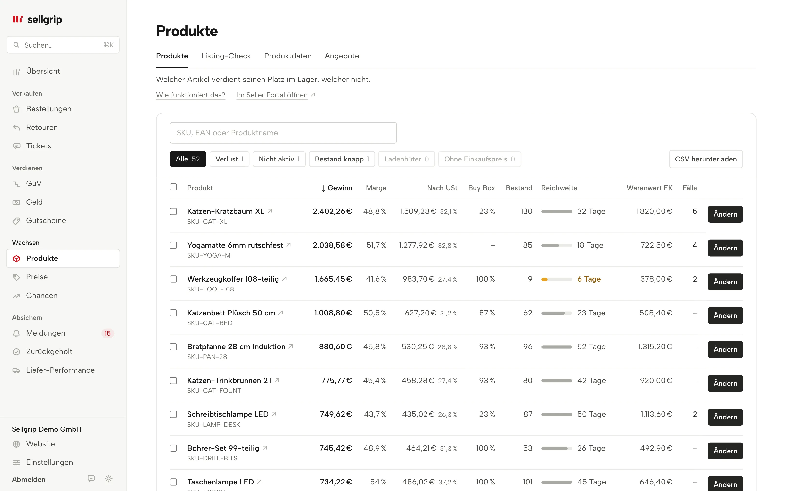 Produkte in Sellgrip: Gewinn, Marge, Buy-Box-Anteil, Bestand und Reichweite pro Artikel, mit Filtern.