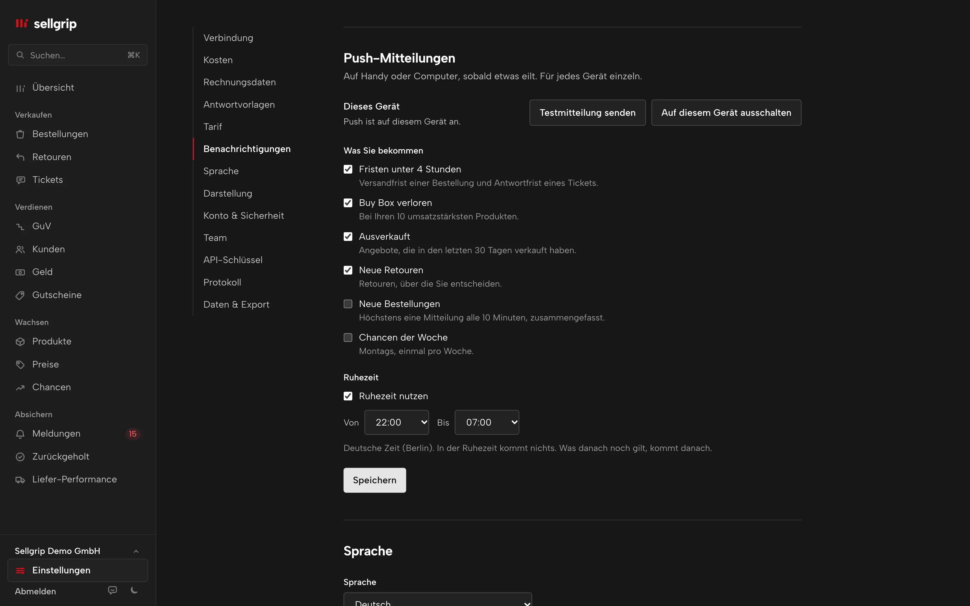 Push-Mitteilungen in den Einstellungen von Sellgrip: die Bereiche pro Gerät und die Ruhezeiten.