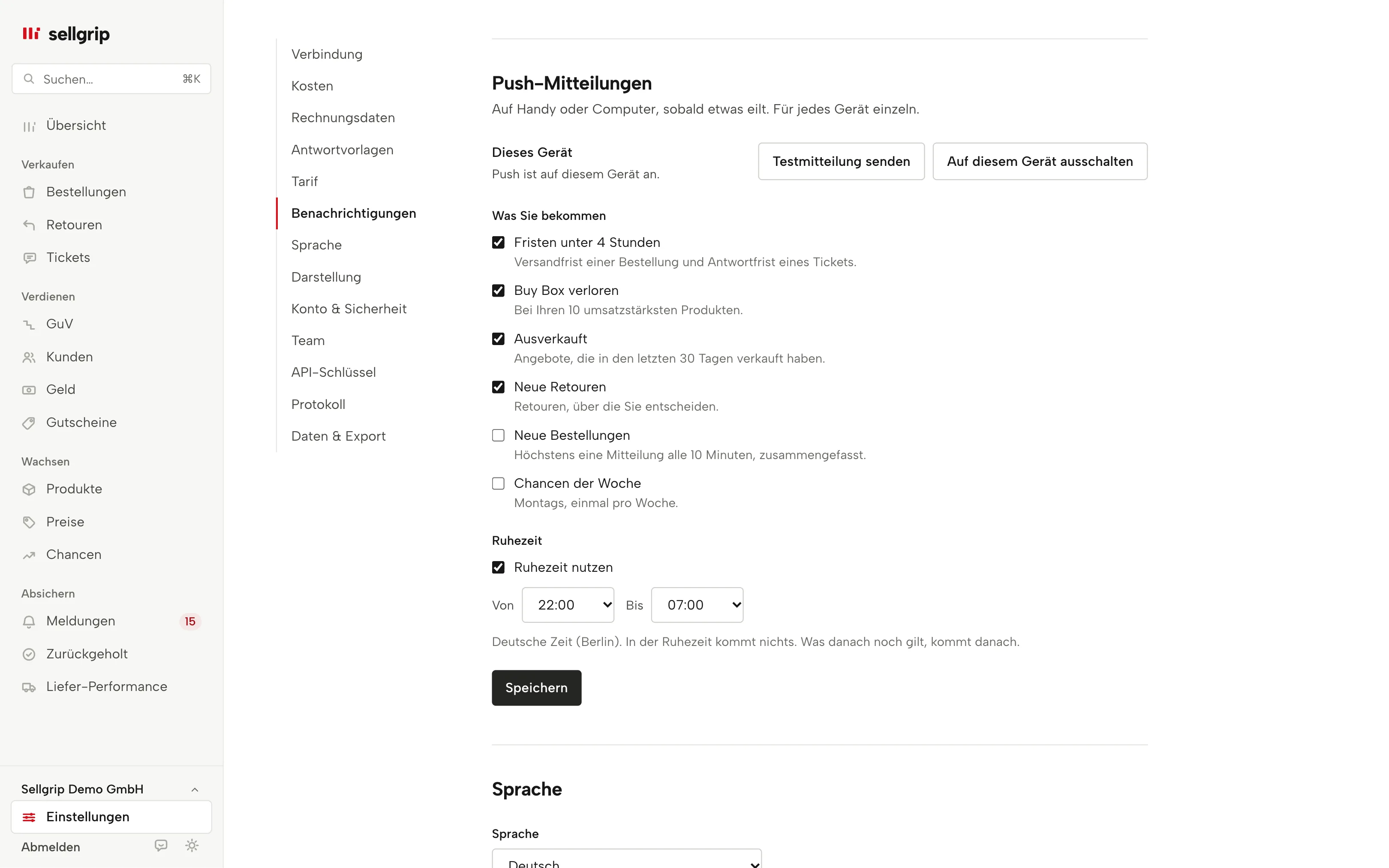 Push-Mitteilungen in den Einstellungen von Sellgrip: die Bereiche pro Gerät und die Ruhezeiten.