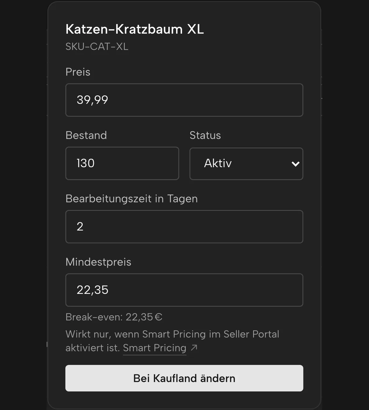 Produkte in Sellgrip: Mindestpreis auf dem Break-even eingetragen, noch nicht an Kaufland gesendet