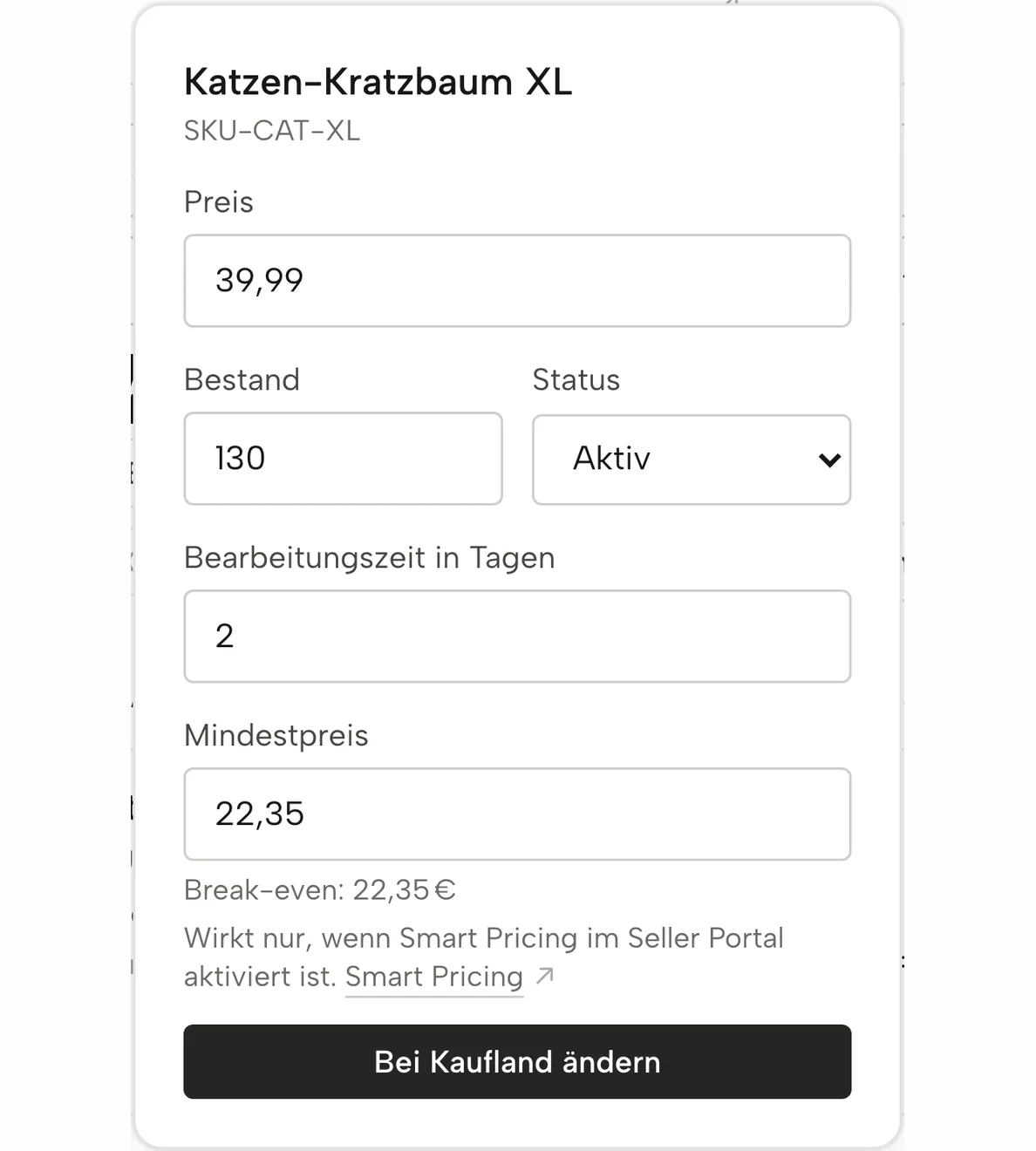 Produkte in Sellgrip: Mindestpreis auf dem Break-even eingetragen, noch nicht an Kaufland gesendet